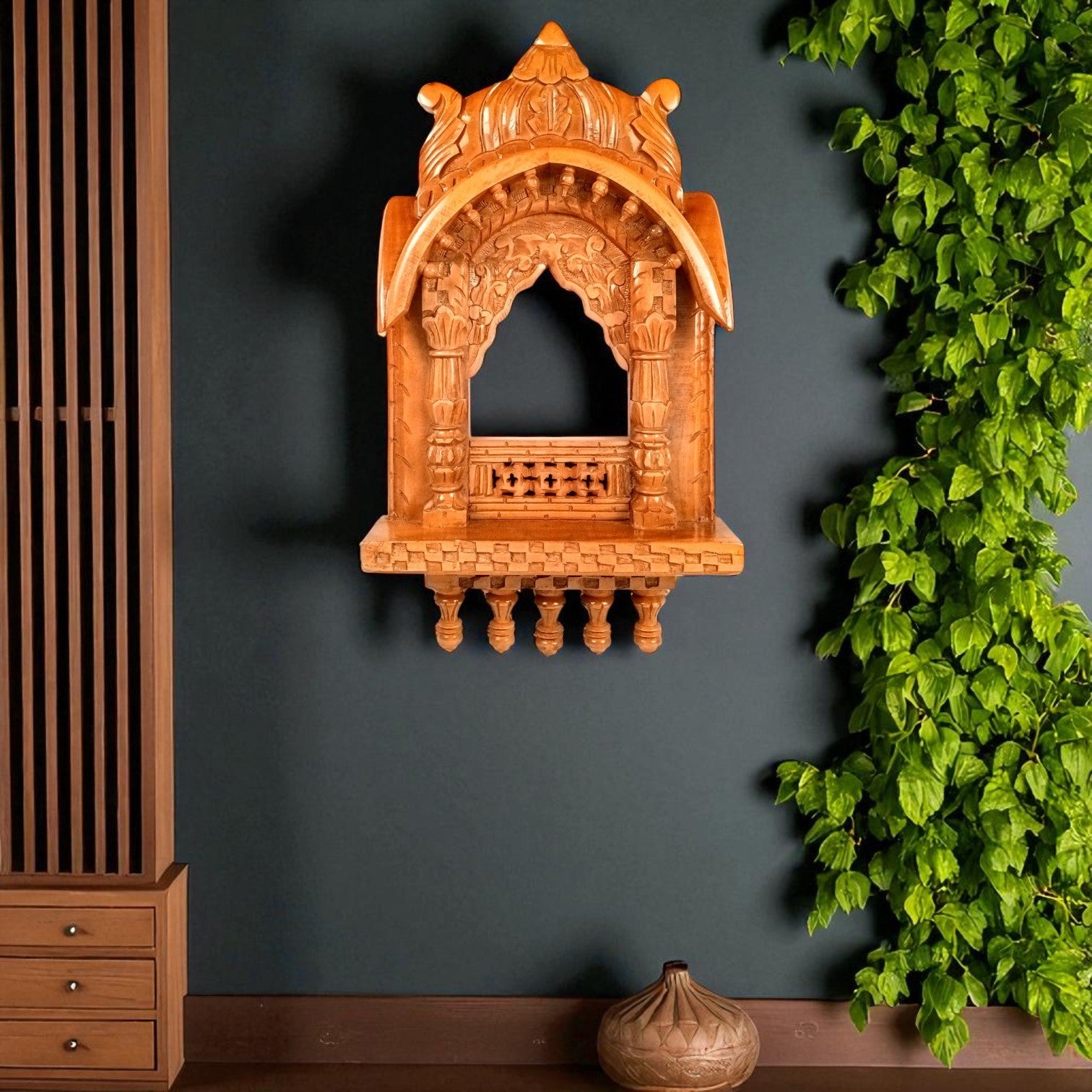 Wooden Jharokha Frame | Traditional Wall Hanging for Mirror & Photos | Decorative Ethnic Wall Art for Living Room, Bedroom & Home Decor - 27 Inch - Apkamart