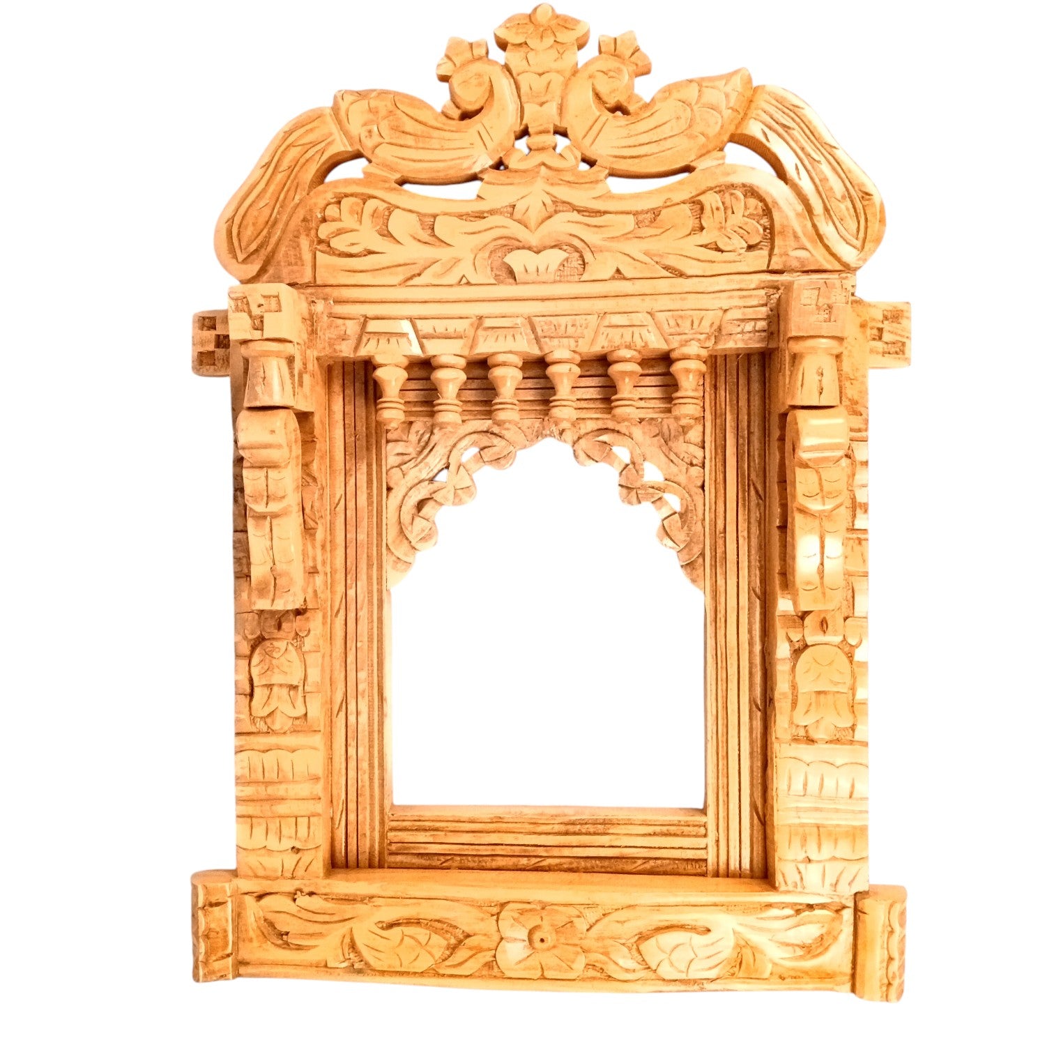 Peacock Jharokha Wooden Frame | Traditional Wall Hanging for Mirror & Photos | Decorative Home Decor for Living Room, Bedroom & Office - 27 Inch - Apkamart