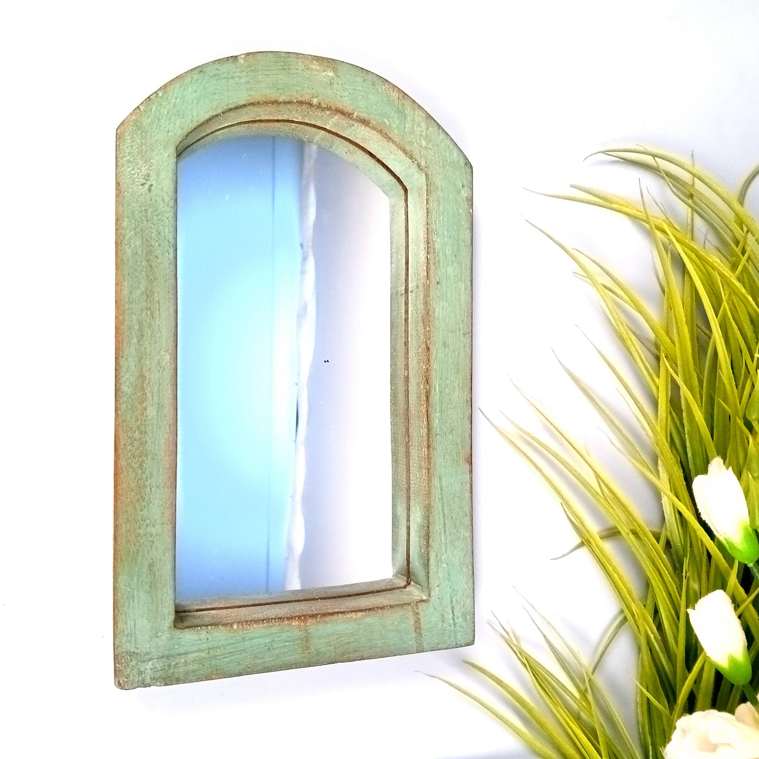 Wooden Mirror Frame | Traditional Indian Jharokha | Rustic Wall Mirror With Antique Finish - For Wall Decor, Entrance, Living Room, Home & Office Decor, & Gifts - 10 Inch - Apkamart