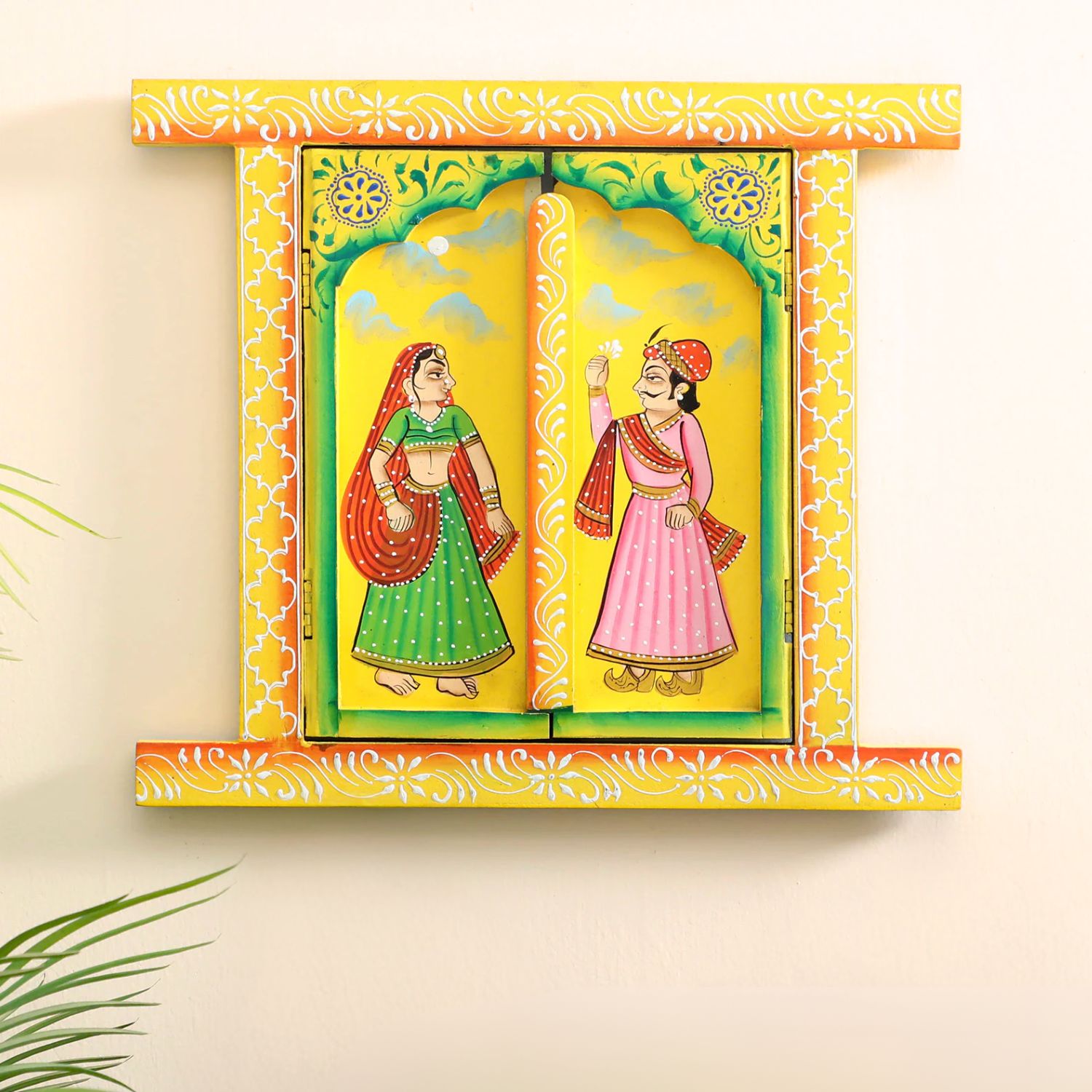 Wooden Window Jharokha Frame | Jharokha Wall Hanging With Opening Doors - For Home, Wall Decor, Living room, Entrance Decoration & Gifts - 16 Inch - Apkamart #Colour_Yellow