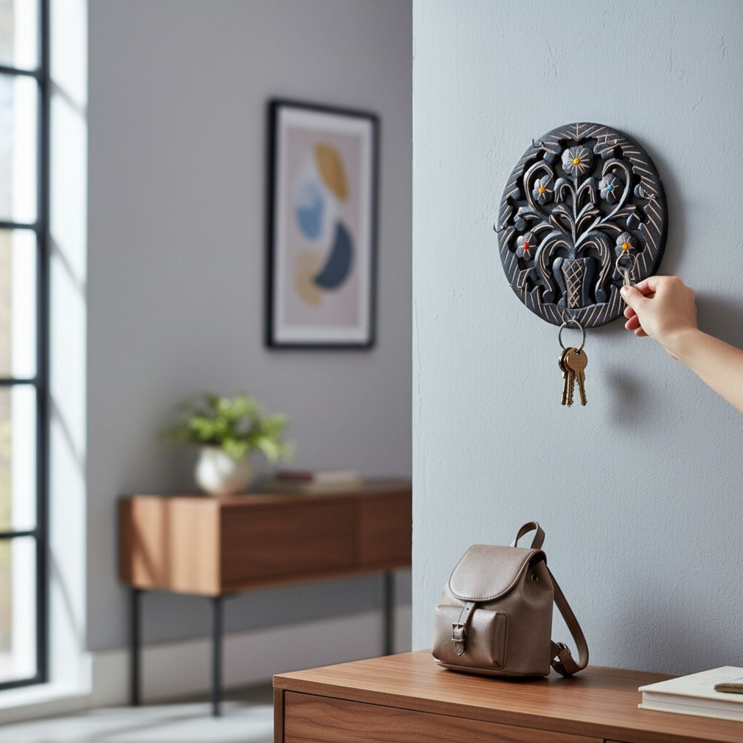 Wooden Key Holder | Wall Mounted Wooden Key Organizer for Home Entrance, Living Room & Office | Decorative Key Rack for Door & Wall Decor - 11 Inch (7 Hooks) - Apkamart