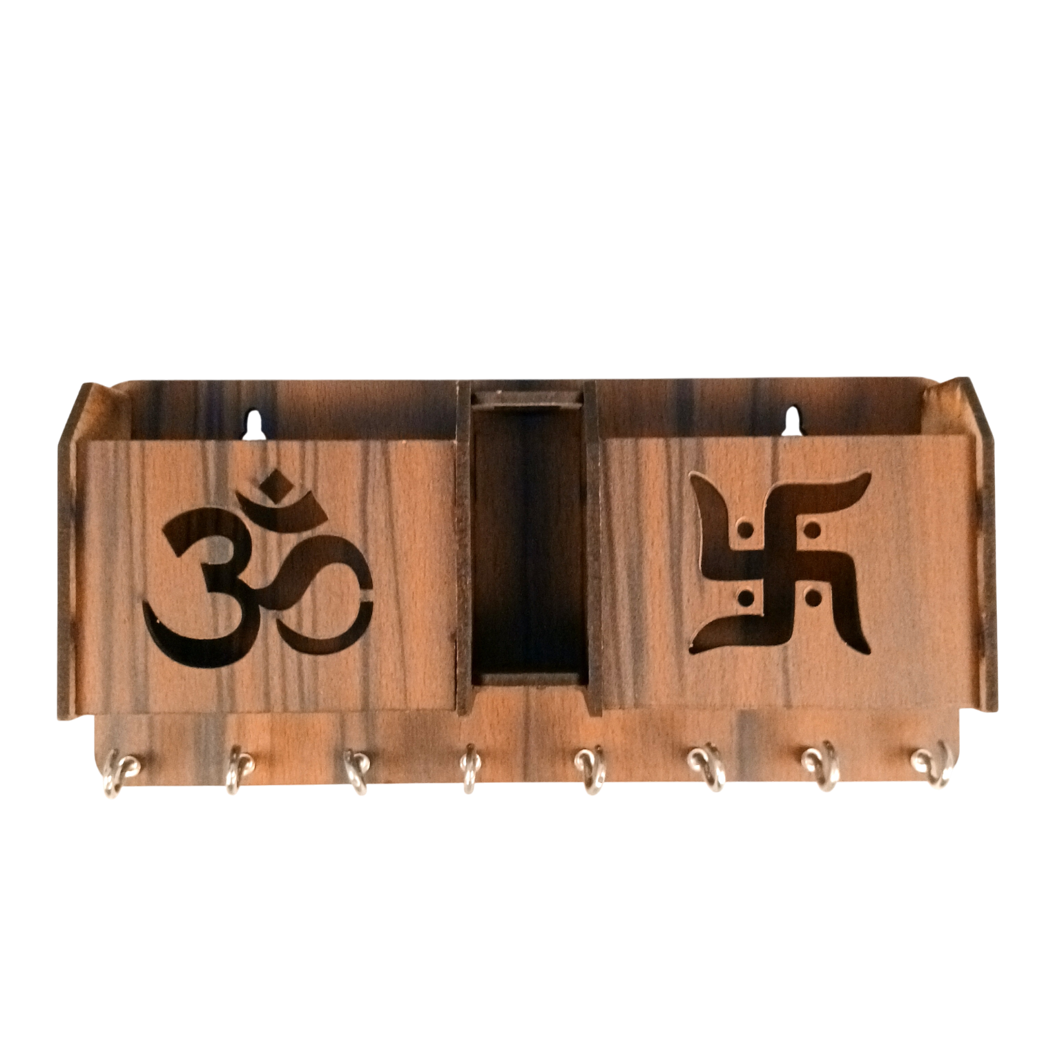 Wooden Key Holder with Om & Swastik Design | Wall Mounted Key Stand for Home & Office | Religious Wooden Key Hanger for Wall Decor & Gifts - 9 Inch ( 8 Hooks) - Apkamart