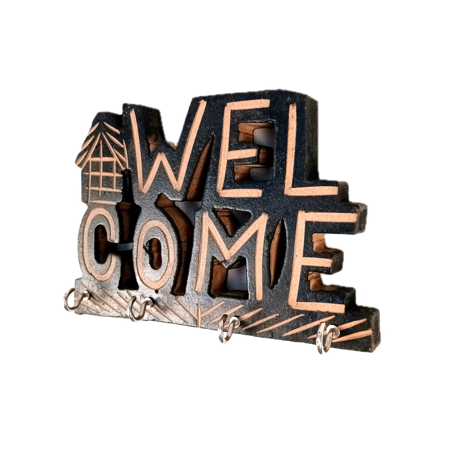 Key Holder Wall Hanging | Key Hook Stand Welcome Design| Keys Organizer - For Home, Entrance, Office Decor & Gifts - 7 Inch (8 Hooks) (Pack Of 2) - Apkamart