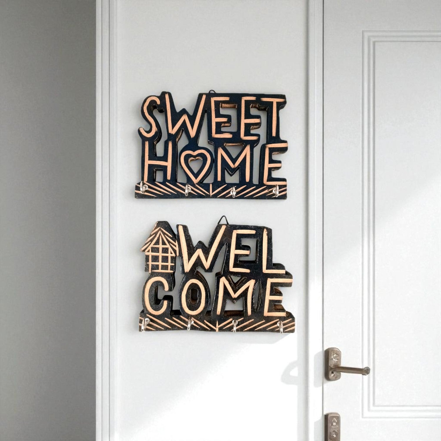 Key Holder Wall Hanging | Key Hook Stand Sweet Home & Welcome Design Combo| Keys Organizer - For Home, Entrance, Office Decor & Gifts - 7 Inch (8 Hooks) (Pack Of 2) - Apkamart