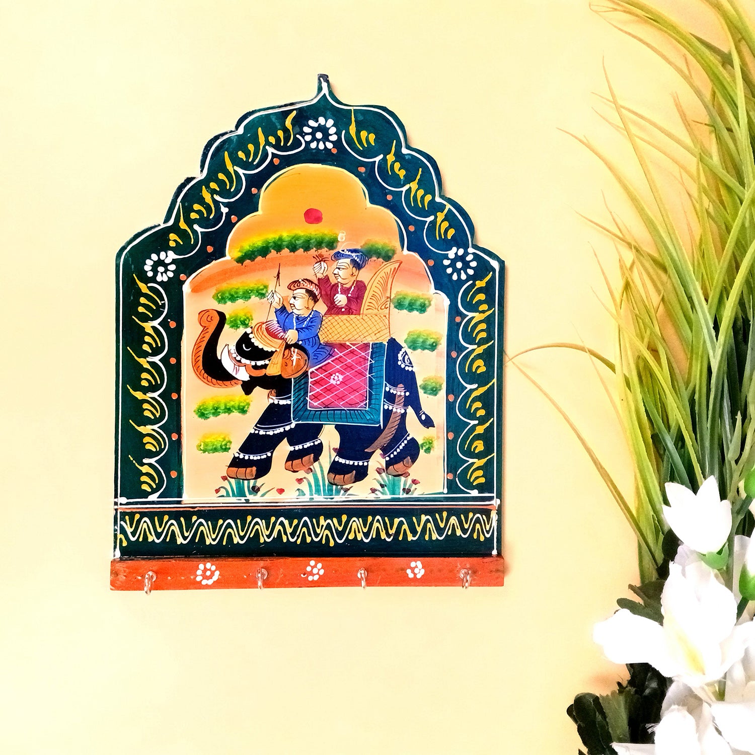 Key Hook Wall Decor | Handpainted Key Holder Stand With 4 Hooks | Key Organiser - For Home, Entrance, Office Decor & Gifts - 12 Inch - Apkamart #Style_Design 1