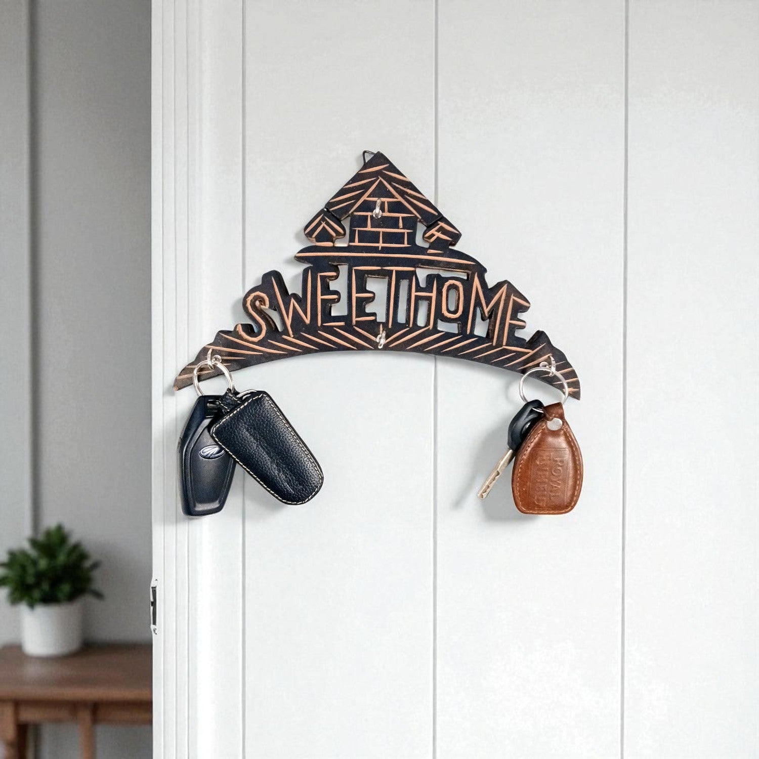 Key Hook Wall Decor | Key Holder Stand Sweet Home Design | Key Hanger Organiser - For Home, Entrance, Office Decor & Gifts - 10 Inch (4 Hooks) - Apkamart