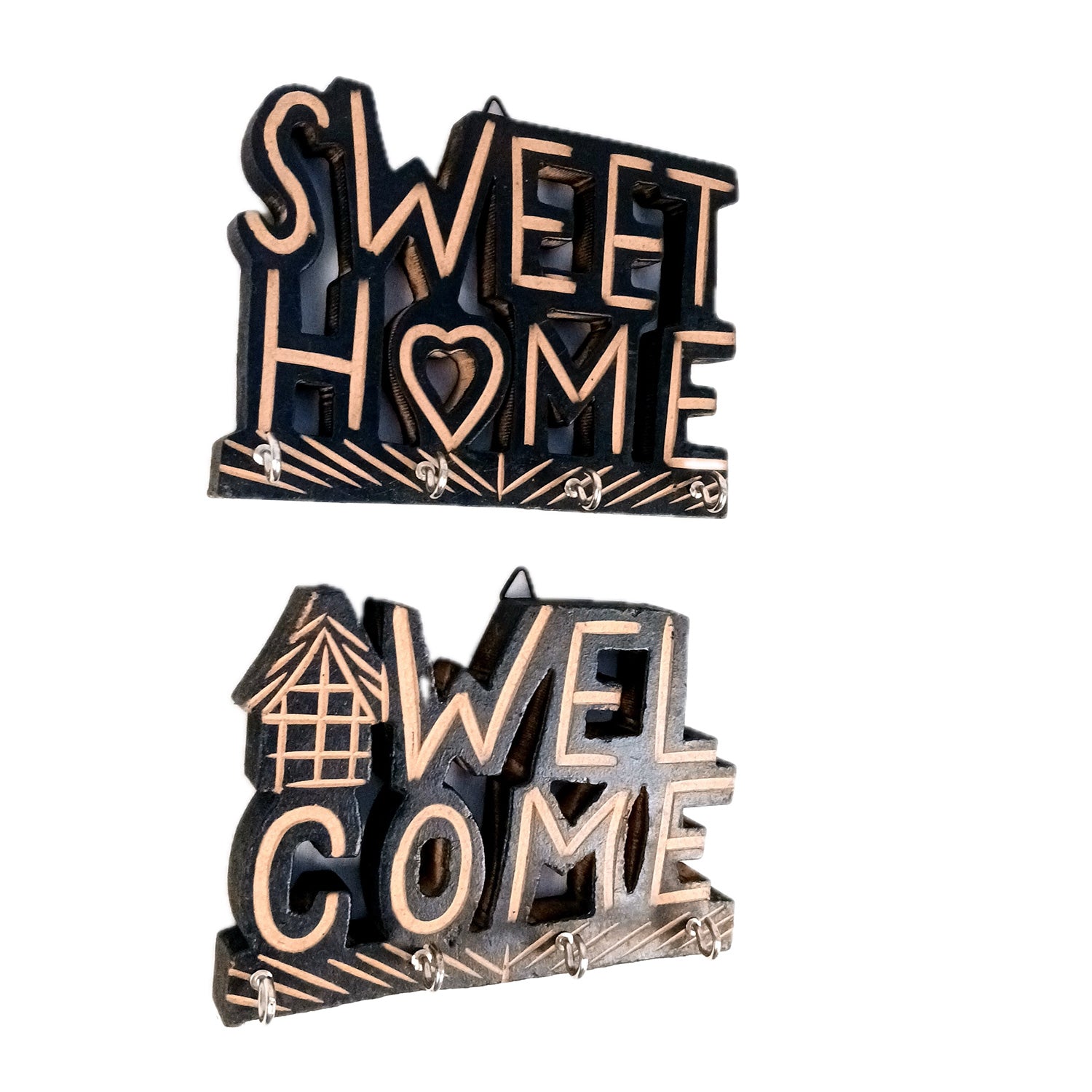Key Holder Wall Hanging | Key Hook Stand Sweet Home & Welcome Design Combo| Keys Organizer - For Home, Entrance, Office Decor & Gifts - 7 Inch (8 Hooks) (Pack Of 2) - Apkamart