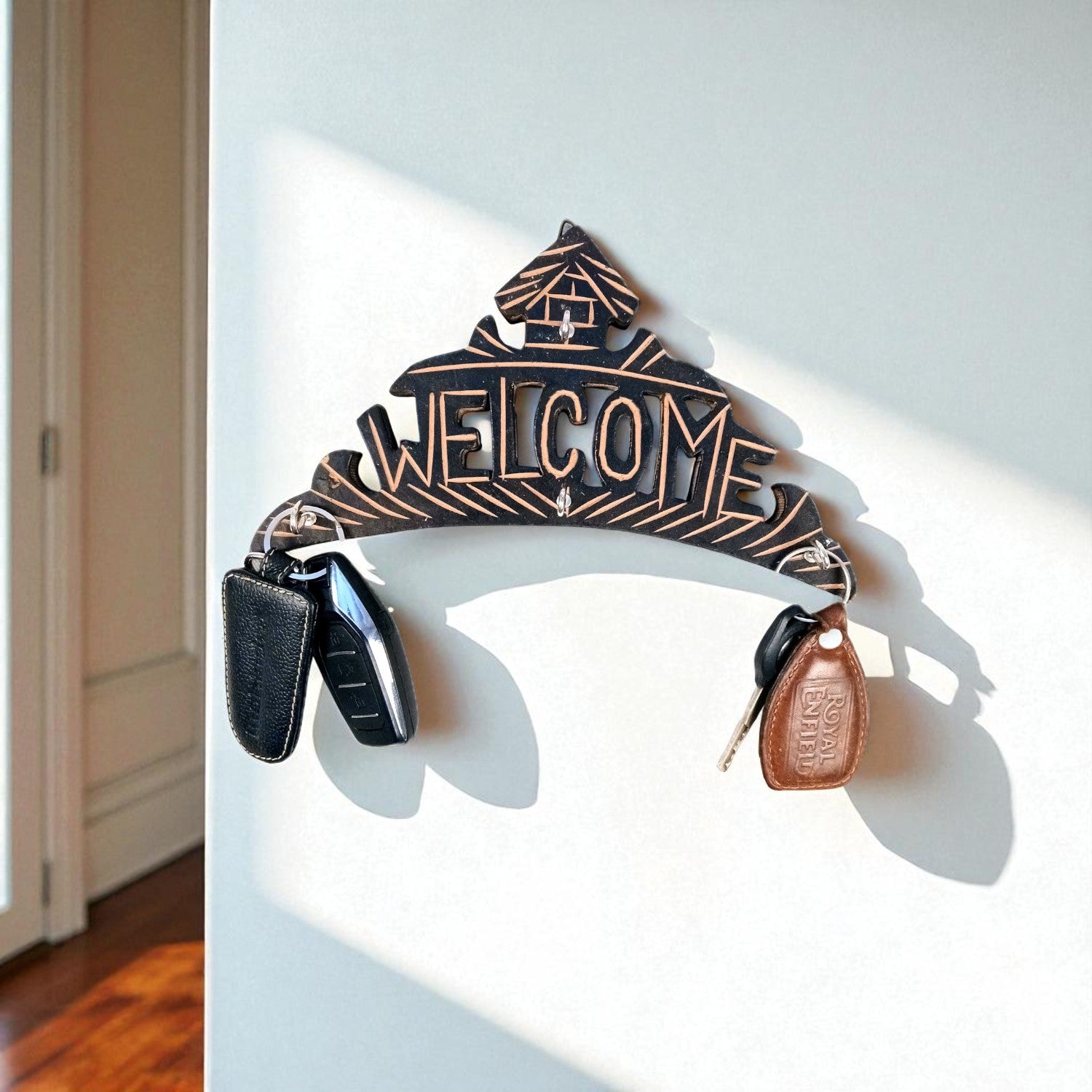 Key Hook Wall Decor | Key Holder Stand Welcome Design| Key Hanger Organiser - For Home, Entrance, Office Decor & Gifts - 10 Inch (4 Hooks) - Apkamart