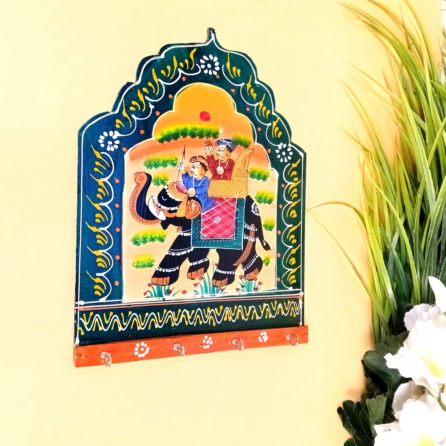 Key Hook Wall Decor | Handpainted Key Holder Stand With 4 Hooks | Key Organiser - For Home, Entrance, Office Decor & Gifts - 12 Inch - Apkamart #Style_Design 1