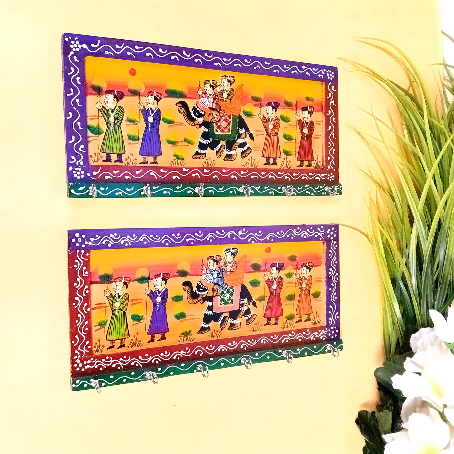 Key Holder Wall Hanging | Handpainted Key Hook Stand With 6 Hooks | Keys Organizer - For Home, Entrance, Office Decor & Gifts - 12 Inch (Pack of 2) - Apkamart