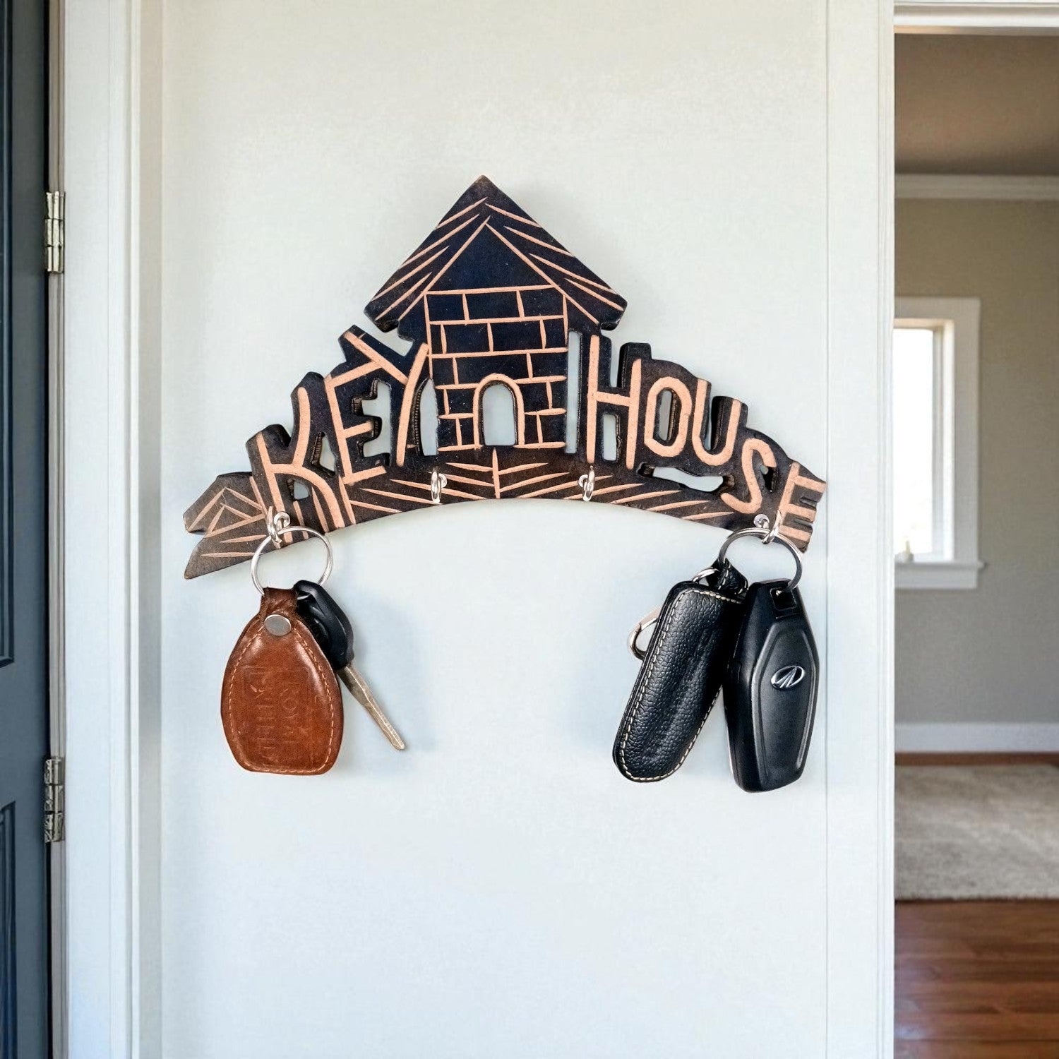 Key Hook Wall Decor | Key Holder Stand Key House Design| Key Hanger Organiser - For Home, Entrance, Office Decor & Gifts - 10 Inch (4 Hooks) - Apkamart