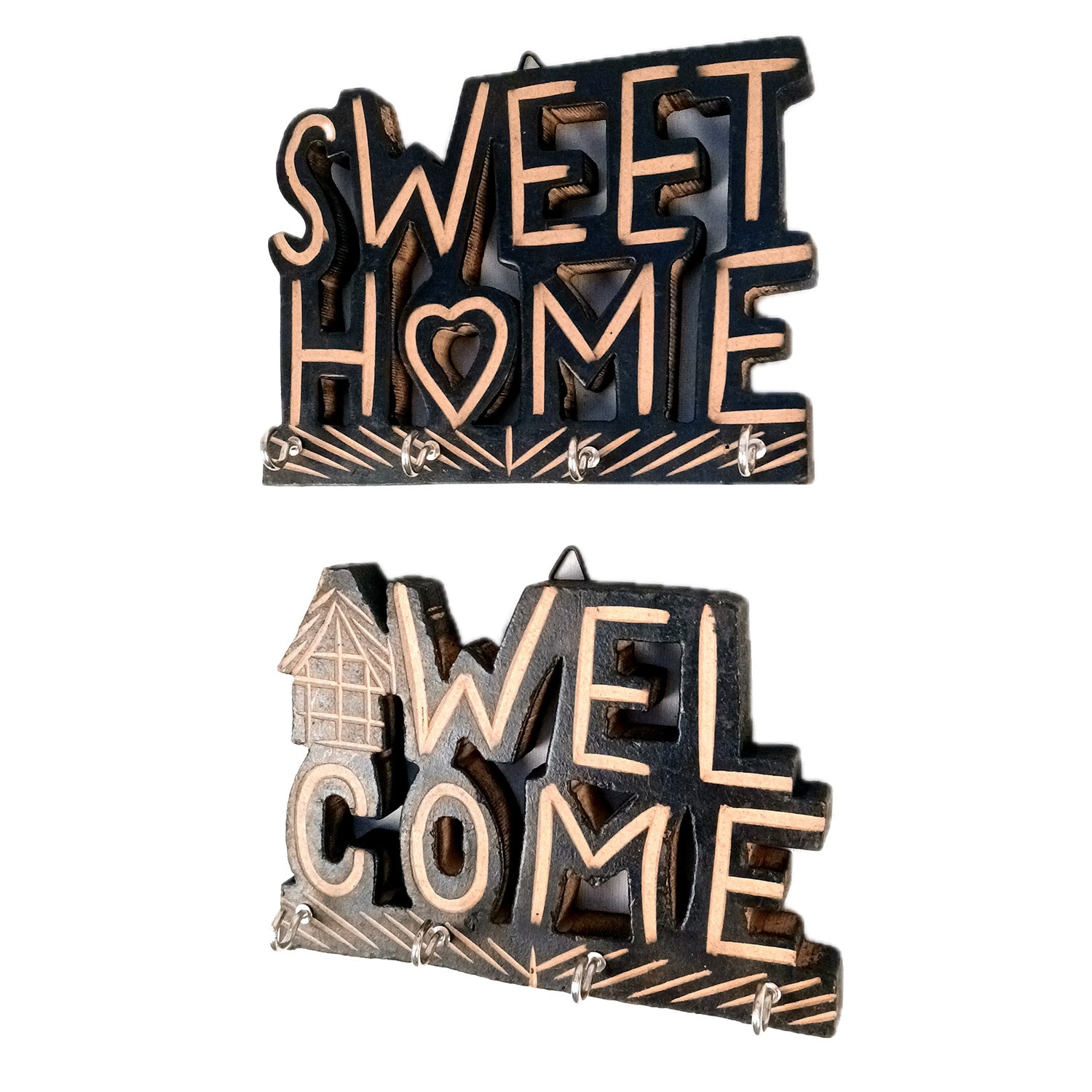 Key Holder Wall Hanging | Key Hook Stand Sweet Home & Welcome Design Combo| Keys Organizer - For Home, Entrance, Office Decor & Gifts - 7 Inch (8 Hooks) (Pack Of 2) - Apkamart