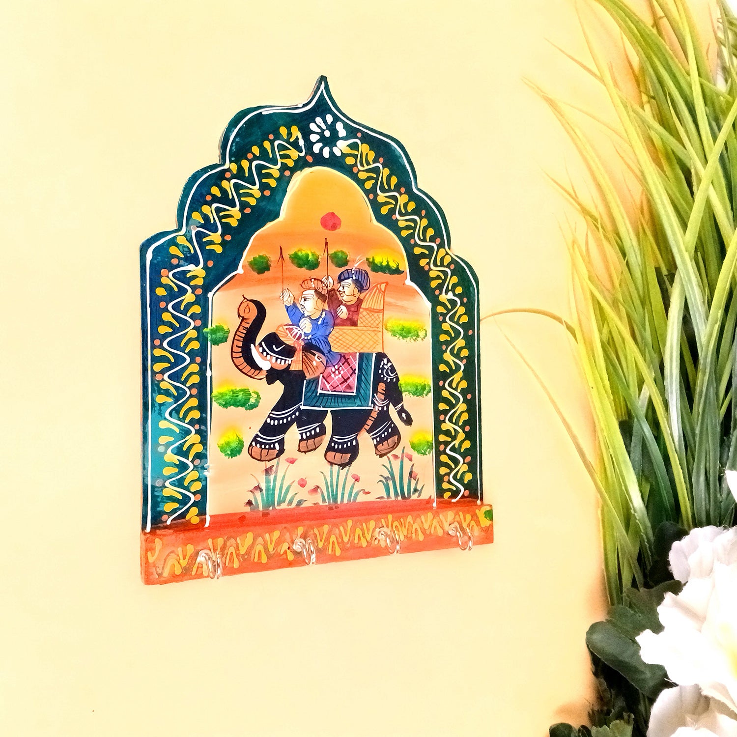 Key Holder Wall Hanging | Key Stand With 4 Hooks | Keys Organizer - For Home, Entrance, Office Decor & Gifts - 9 Inch (Wood, Green ) (Pack of 2) - Apkamart