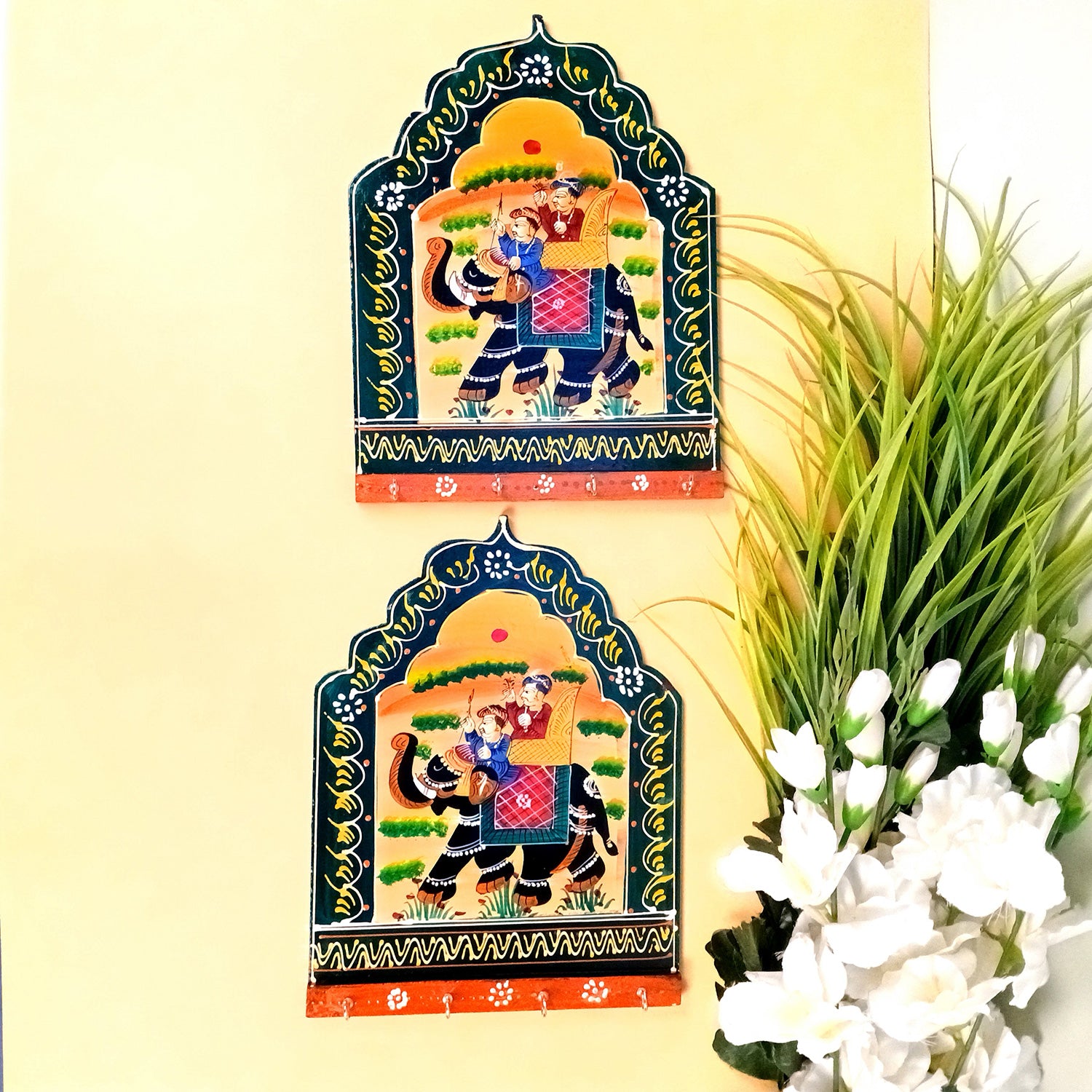 Key Hook Wall Decor | Handpainted Key Holder Stand With 4 Hooks | Key Organiser - For Home, Entrance, Office Decor & Gifts - 12 Inch - Apkamart #Style_Design 1