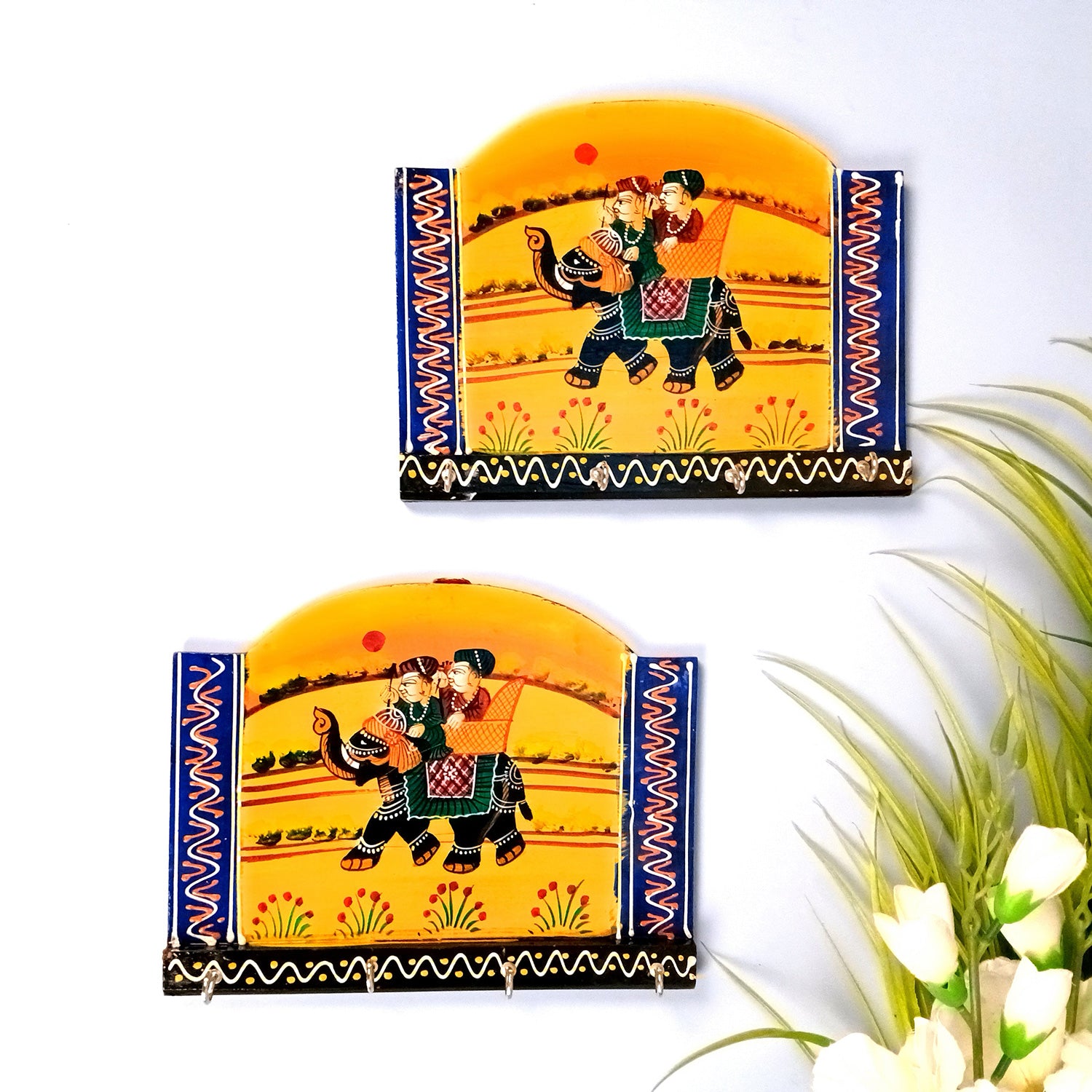 Key Holder Wall Hanging | Handpainted Key Hook Stand With _ Hooks | Keys Organizer - For Home, Entrance, Office Decor & Gifts - 9 Inch (Pack of 2) - Apkamart