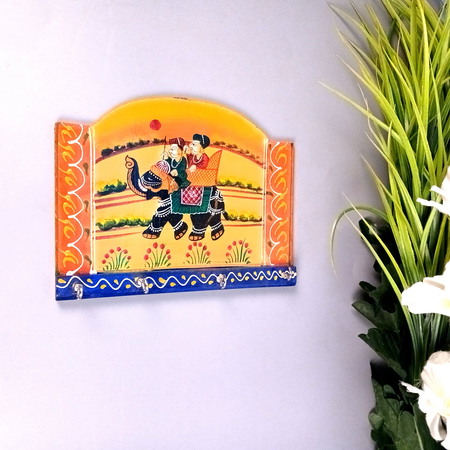 Key Holder Wall Hanging | Handpainted Key Hook Stand With 4 Hooks | Keys Organizer - For Home, Entrance, Office Decor & Gifts - 9 Inch (Pack of 2) - Apkamart