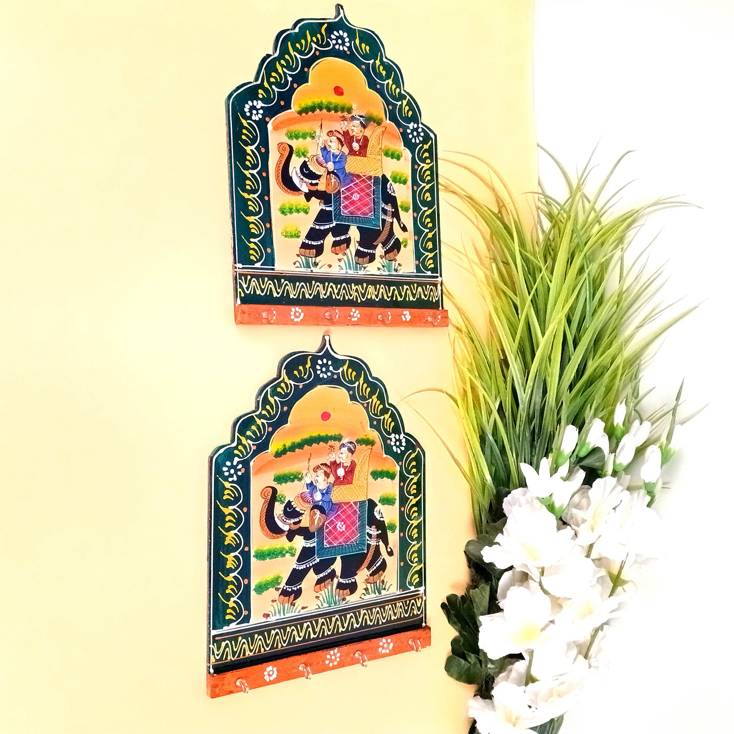 Key Hook Wall Decor | Handpainted Key Holder Stand With 4 Hooks | Key Organiser - For Home, Entrance, Office Decor & Gifts - 12 Inch - Apkamart #Style_Design 1