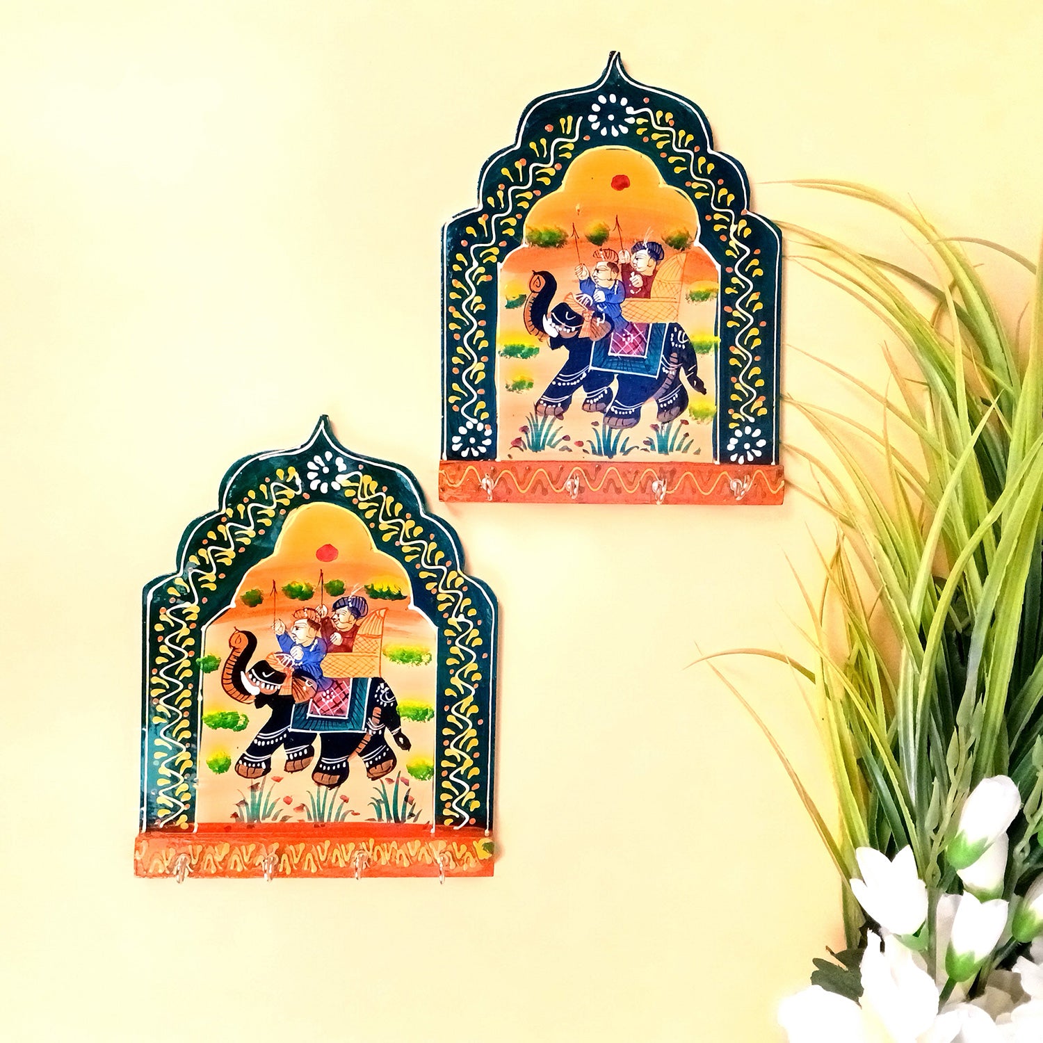 Key Holder Wall Hanging | Key Stand With 4 Hooks | Keys Organizer - For Home, Entrance, Office Decor & Gifts - 9 Inch (Wood, Green ) (Pack of 2) - Apkamart