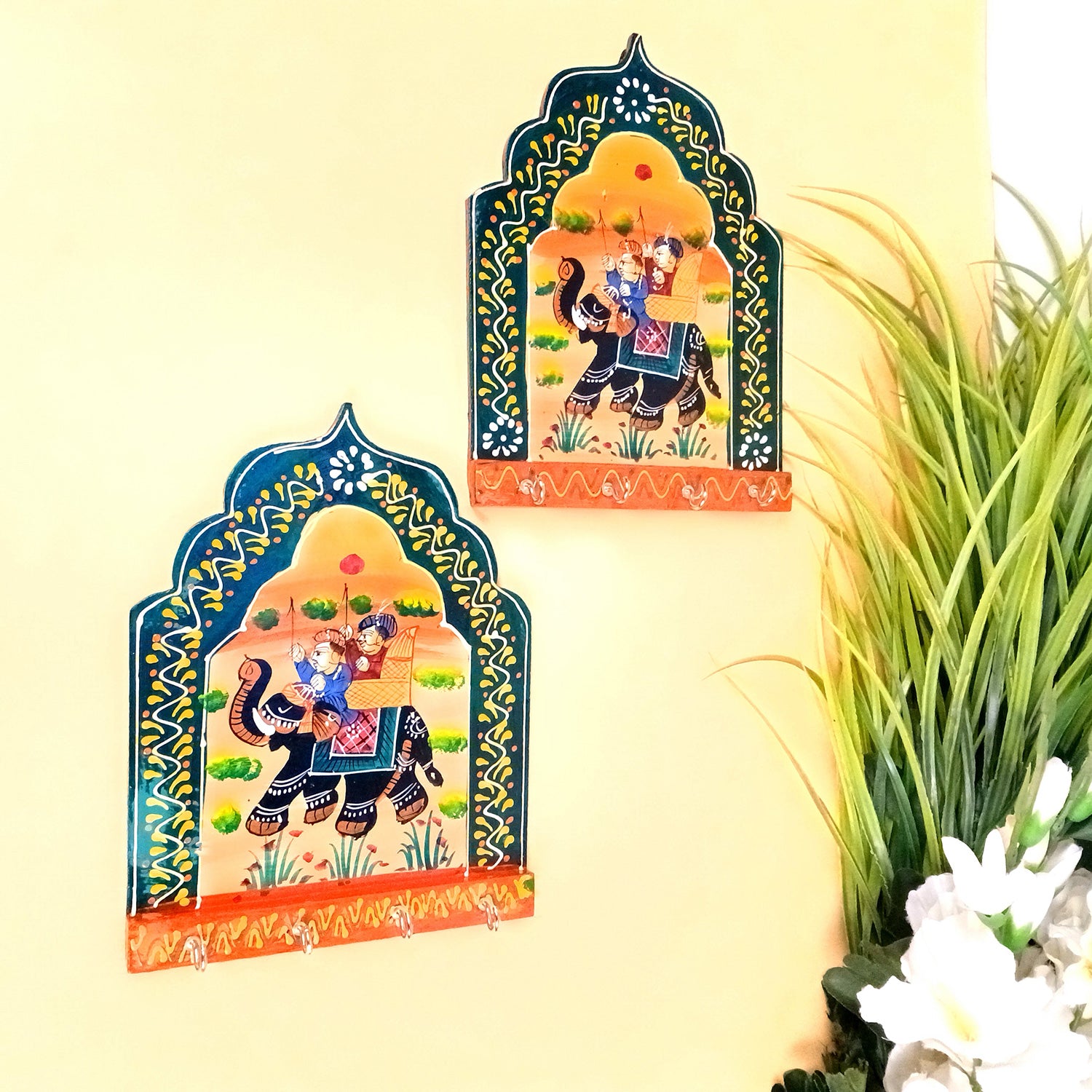 Key Holder Wall Hanging | Key Stand With 4 Hooks | Keys Organizer - For Home, Entrance, Office Decor & Gifts - 9 Inch (Wood, Green ) (Pack of 2) - Apkamart