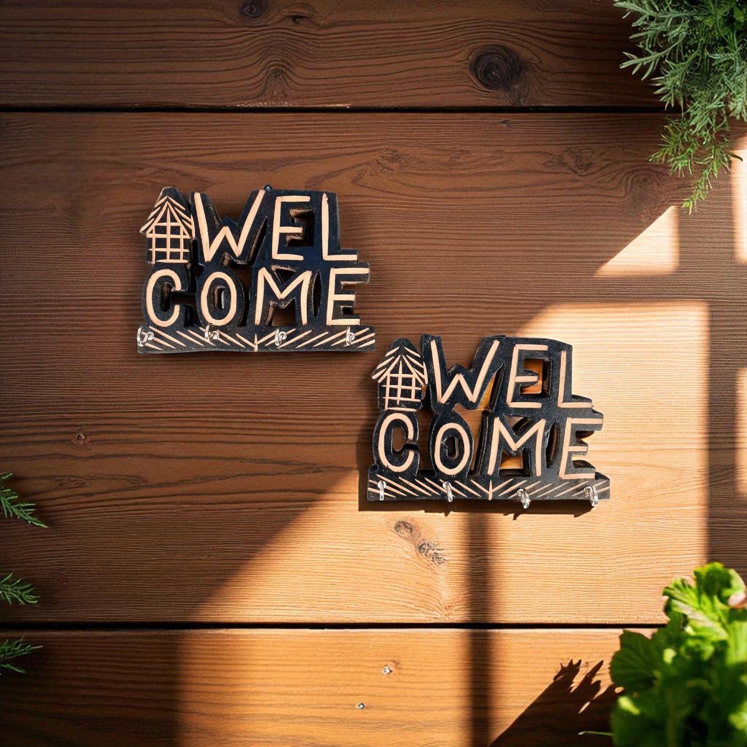 Key Holder Wall Hanging | Key Hook Stand Welcome Design| Keys Organizer - For Home, Entrance, Office Decor & Gifts - 7 Inch (8 Hooks) (Pack Of 2) - Apkamart