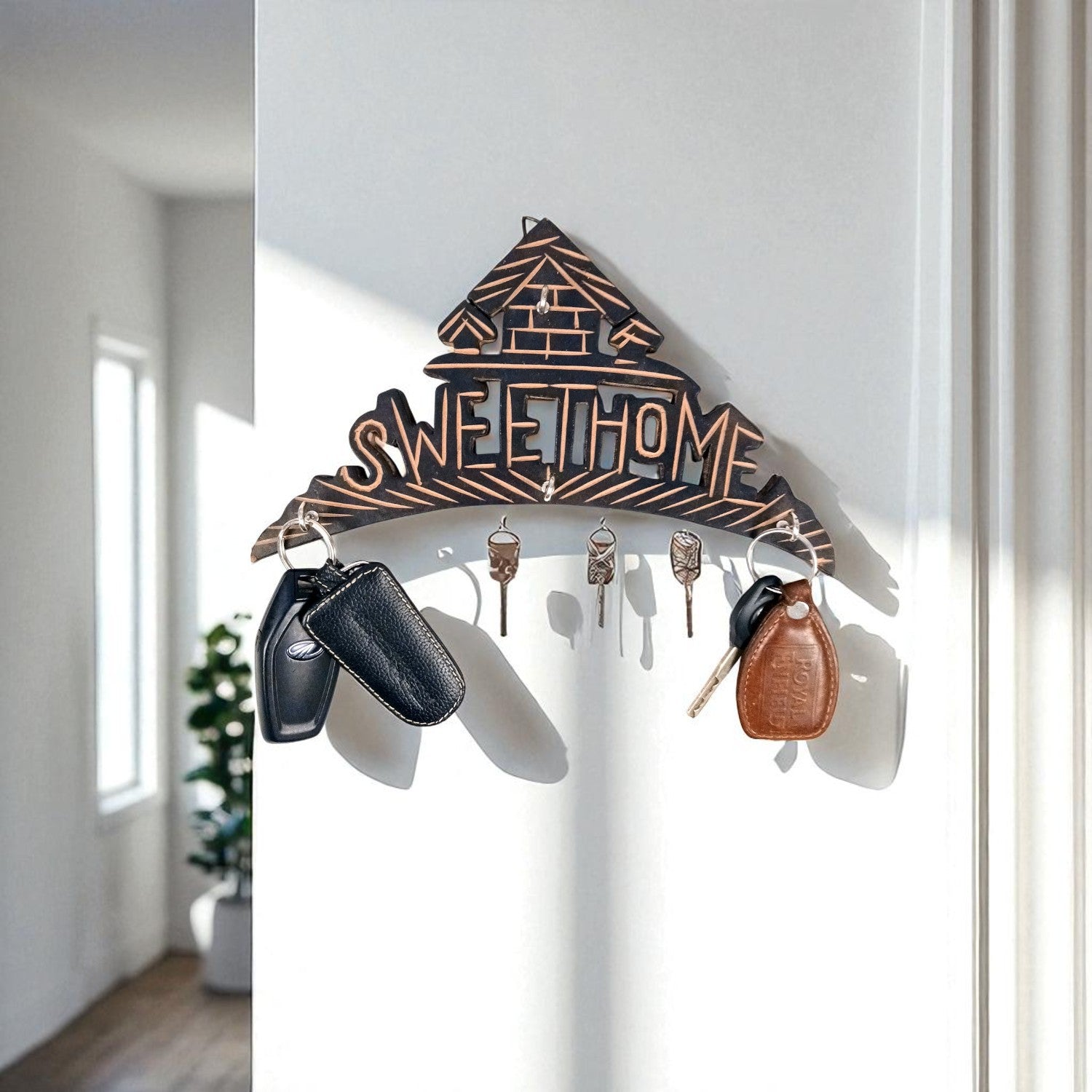 Key Hook Wall Decor | Key Holder Stand Sweet Home Design Combo| Key Hanger Organiser - For Home, Entrance, Office Decor & Gifts - 10 Inch (8 Hooks) (Pack Of 2) - Apkamart