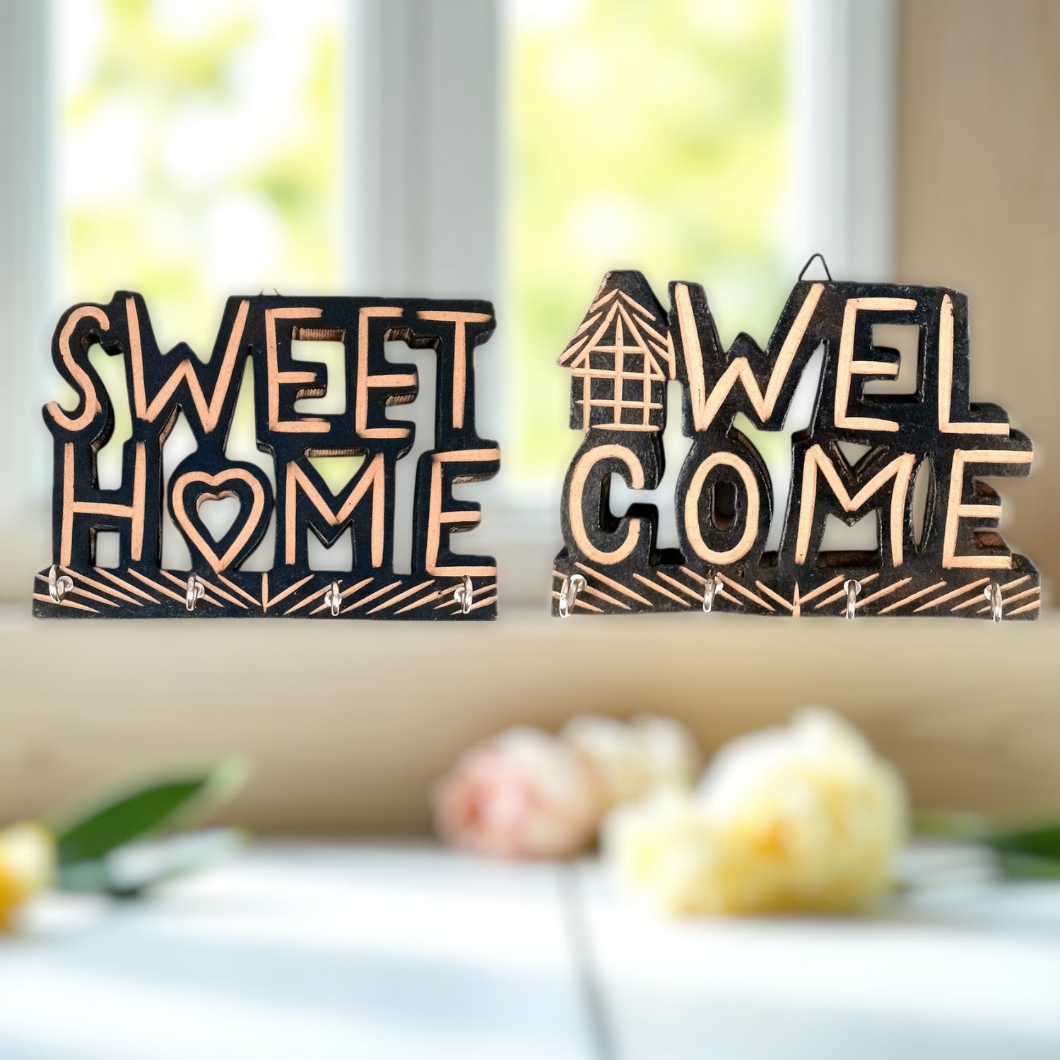 Key Holder Wall Hanging | Key Hook Stand Sweet Home & Welcome Design Combo| Keys Organizer - For Home, Entrance, Office Decor & Gifts - 7 Inch (8 Hooks) (Pack Of 2) - Apkamart