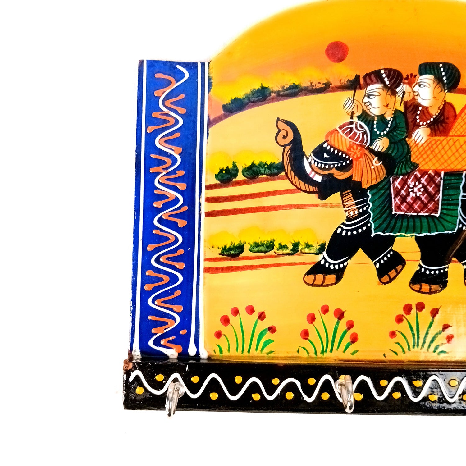 Key Holder Wall Hanging | Handpainted Key Hook Stand With 4 Hooks | Keys Organizer - For Home, Entrance, Office Decor & Gifts - 9 Inch - Apkamart