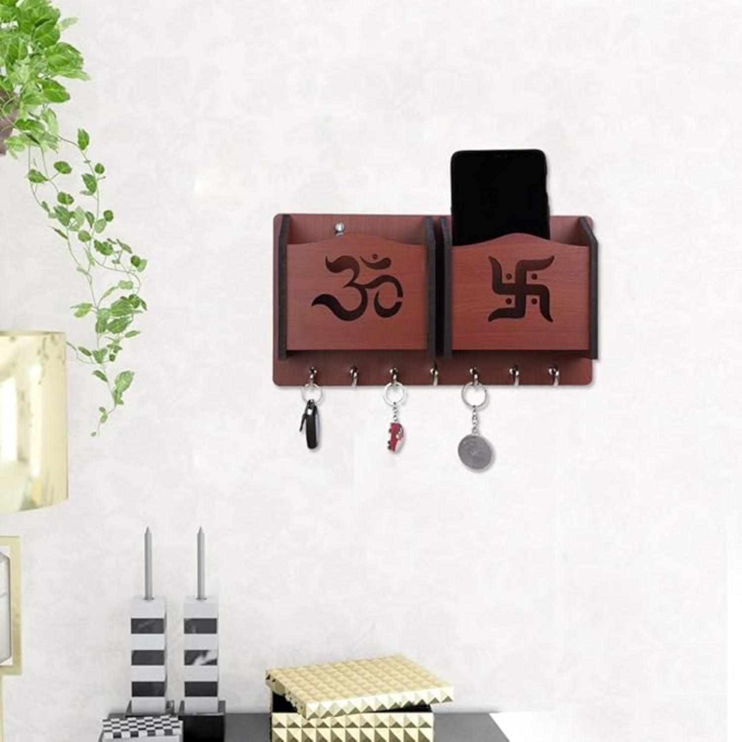 Wooden Key Holder with Om & Swastik Design | Wall Mounted Key Stand for Home & Office | Religious Wooden Key Hanger for Wall Decor & Gifts - 9 Inch ( 8 Hooks) - Apkamart