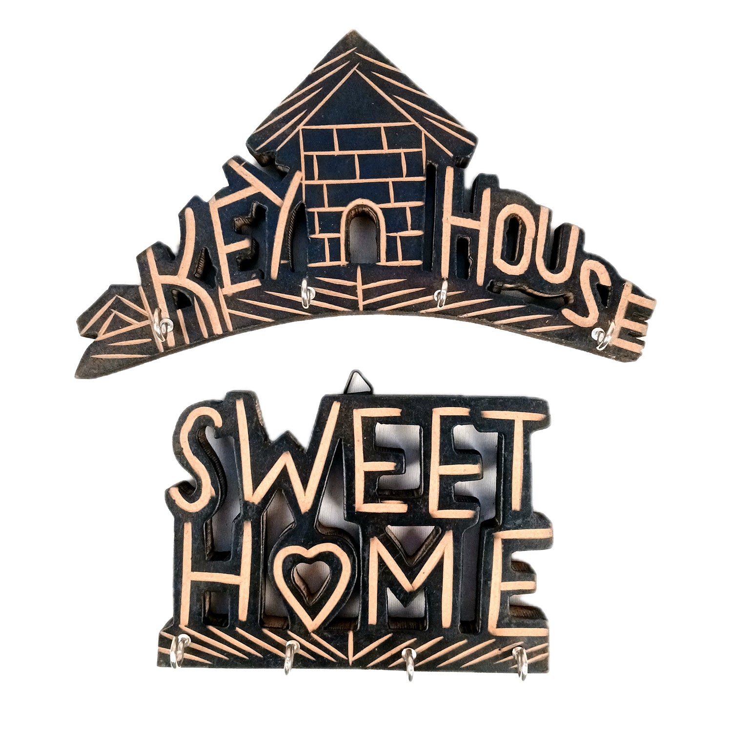 Key Holder Wall Hanging | Key Hook Stand Sweet Home & Key House Design Combo| Keys Organizer - For Home, Entrance, Office Decor - 10 Inch (8 Hooks) (Pack Of 2) - Apkamart