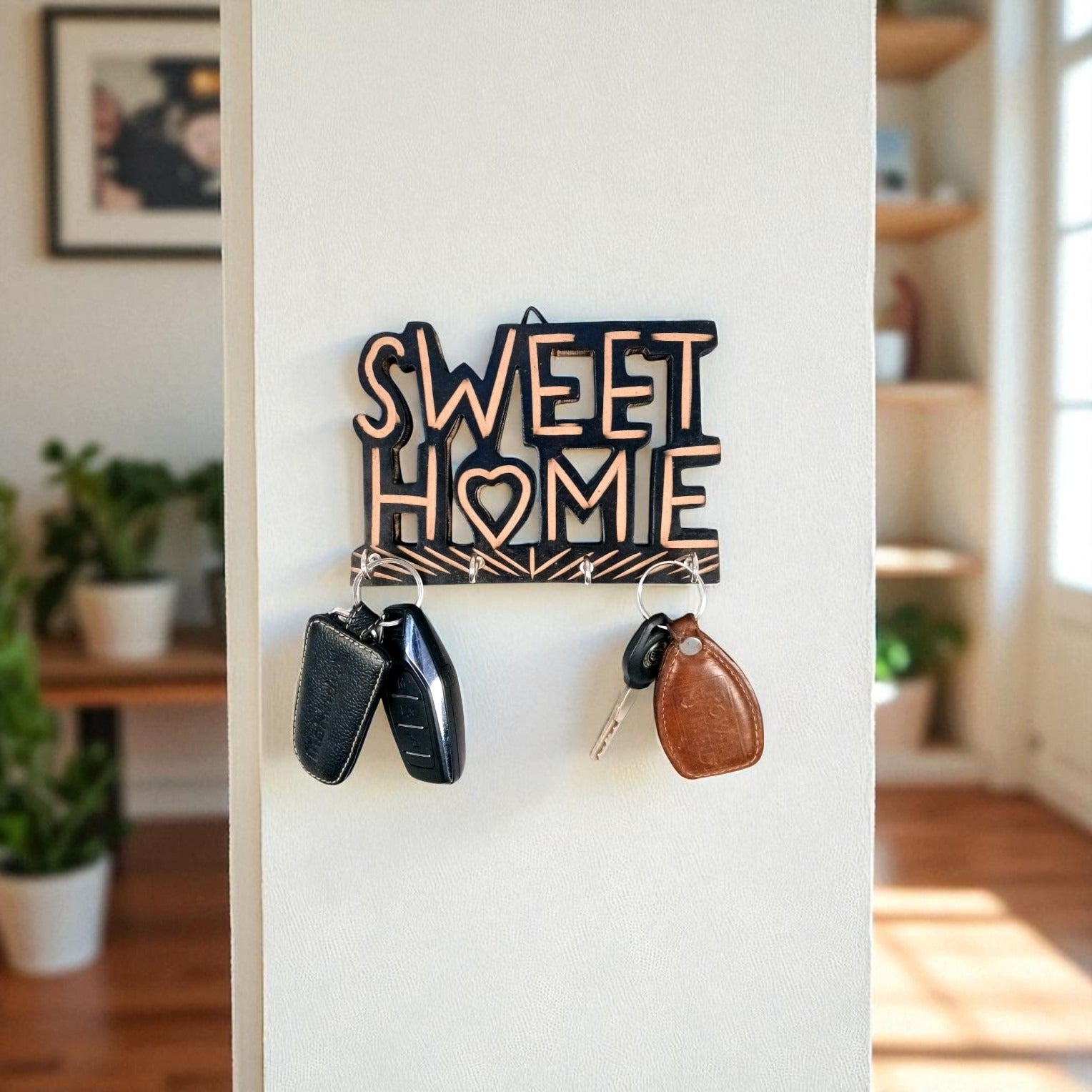 Key Holder Wall Hanging | Key Hook Stand Sweet Home Design | Keys Organizer - For Home, Entrance, Office Decor & Gifts - 7 Inch (4 Hooks) - Apkamart