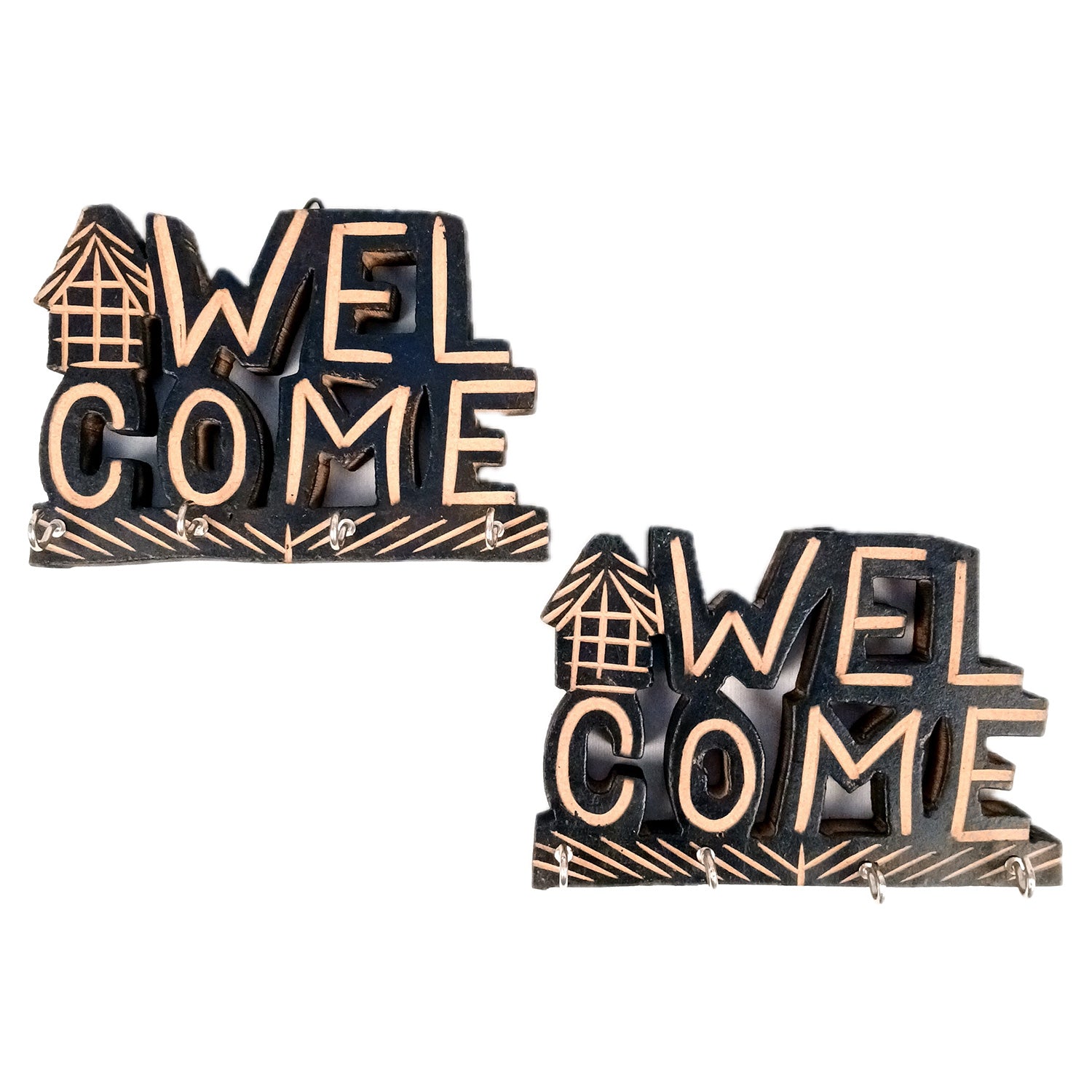 Key Holder Wall Hanging | Key Hook Stand Welcome Design| Keys Organizer - For Home, Entrance, Office Decor & Gifts - 7 Inch (8 Hooks) (Pack Of 2) - Apkamart