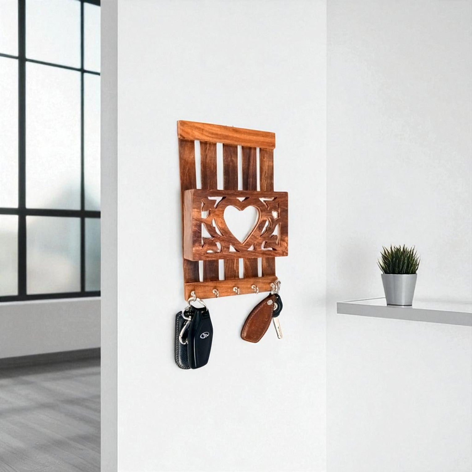 Key Holder with Letter Box | Key Hook Stand | Wooden Keys & Paper Organizer - For Home, Entrance, Office Decor & Gifts - 10 Inch (5 Hooks) - Apkamart