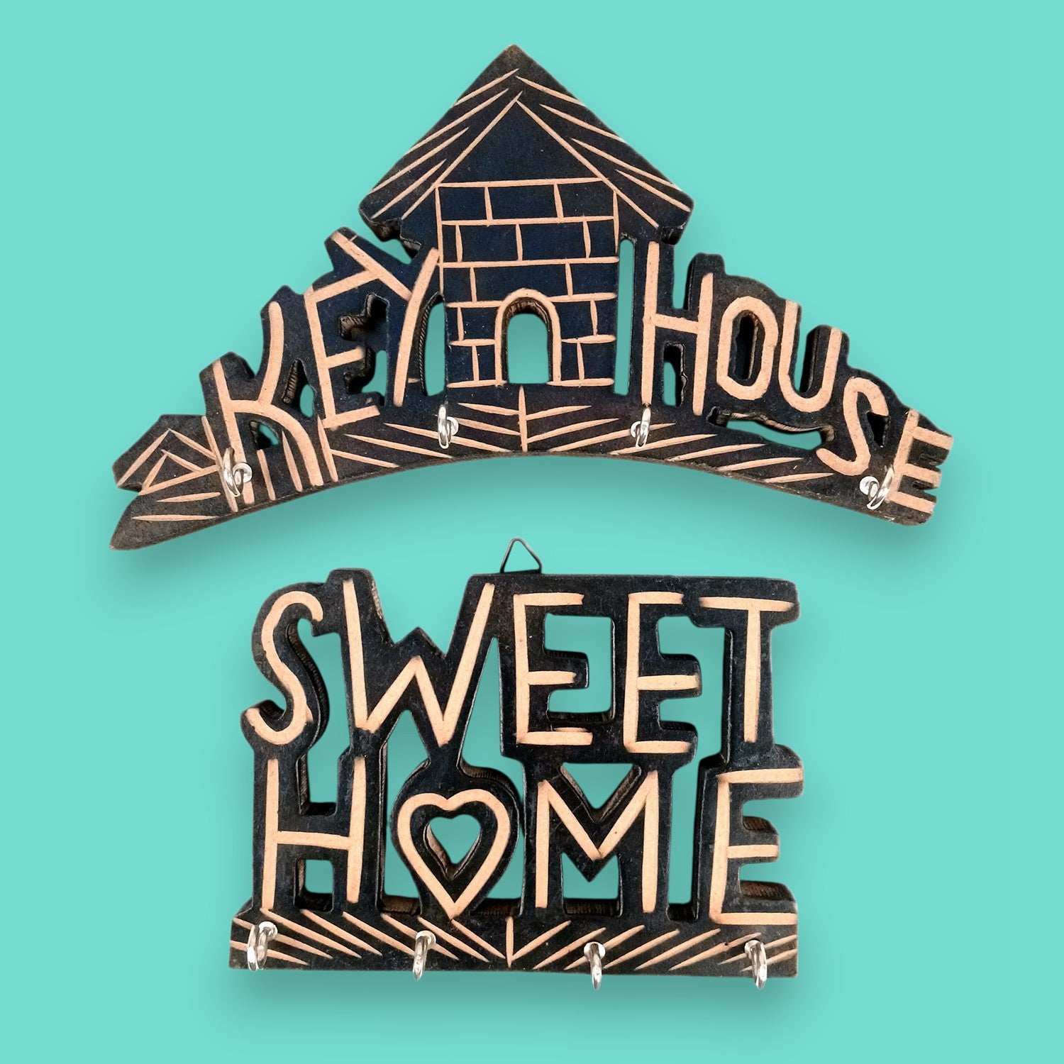 Key Holder Wall Hanging | Key Hook Stand Sweet Home & Key House Design Combo| Keys Organizer - For Home, Entrance, Office Decor - 10 Inch (8 Hooks) (Pack Of 2) - Apkamart