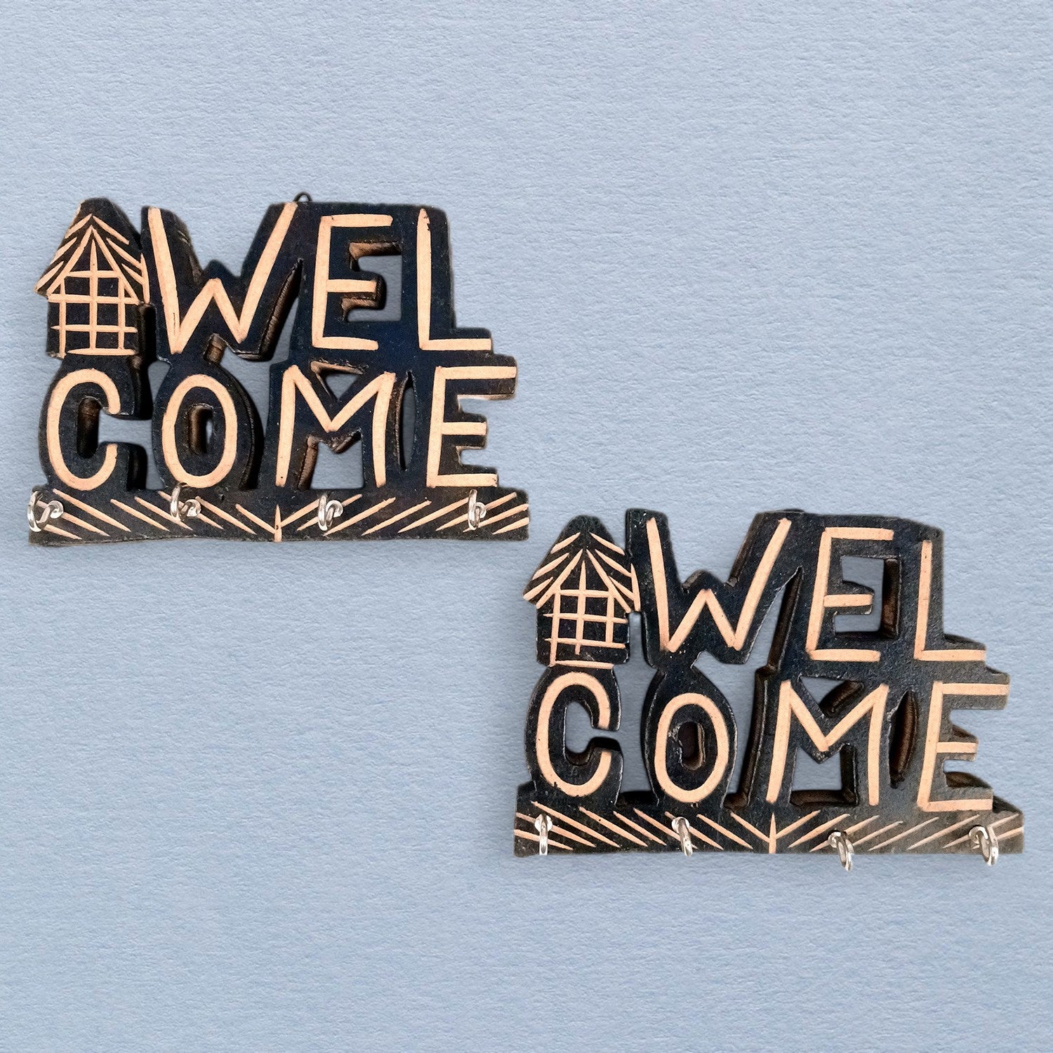 Key Holder Wall Hanging | Key Hook Stand Welcome Design| Keys Organizer - For Home, Entrance, Office Decor & Gifts - 7 Inch (8 Hooks) (Pack Of 2) - Apkamart