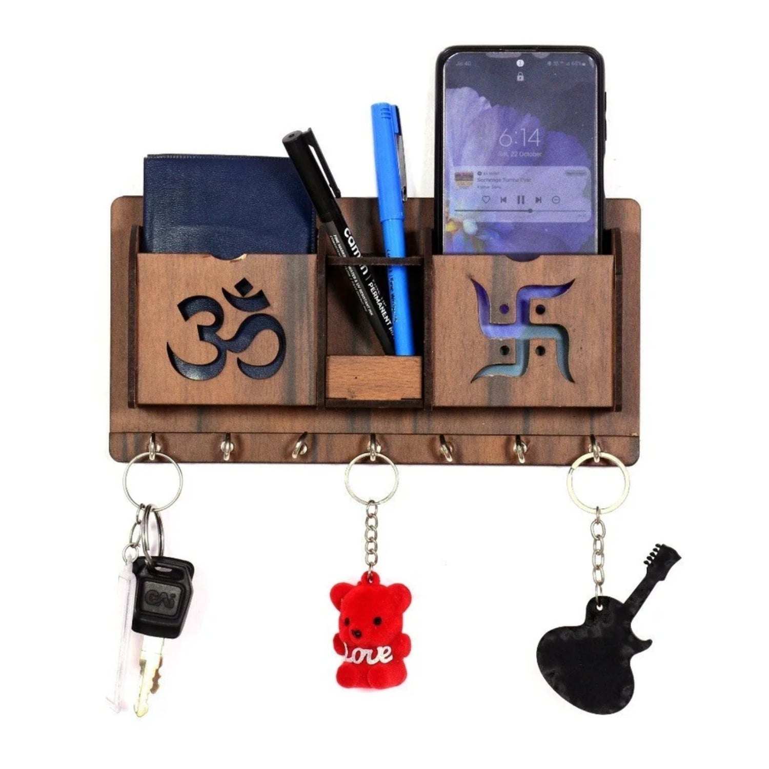 Wooden Key Holder with Om & Swastik Design | Wall Mounted Key Stand for Home & Office | Religious Wooden Key Hanger for Wall Decor & Gifts - 9 Inch ( 8 Hooks) - Apkamart
