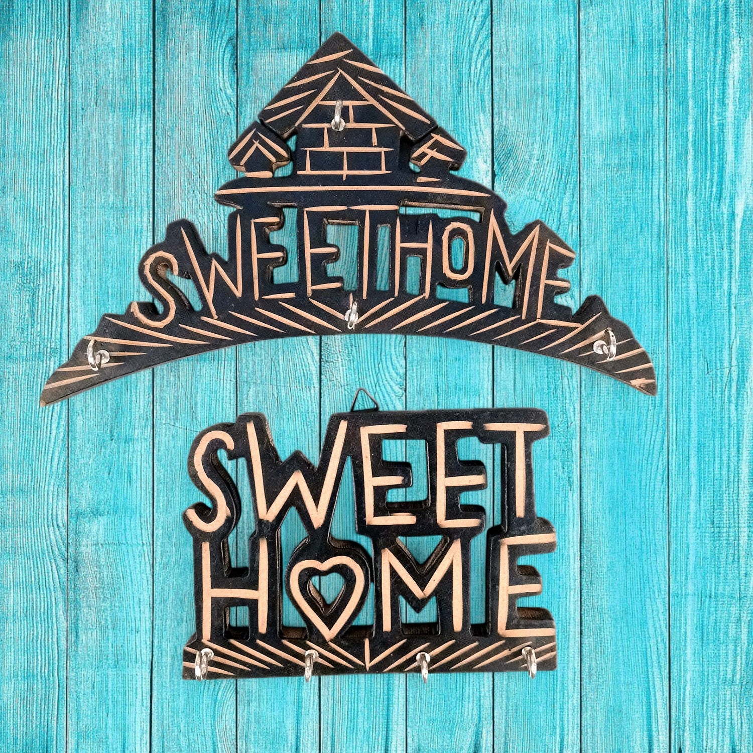 Key Hook Wall Decor | Key Holder Stand Sweet Home Design Combo| Key Hanger Organiser - For Home, Entrance, Office Decor & Gifts - 10 Inch (8 Hooks) (Pack Of 2) - Apkamart