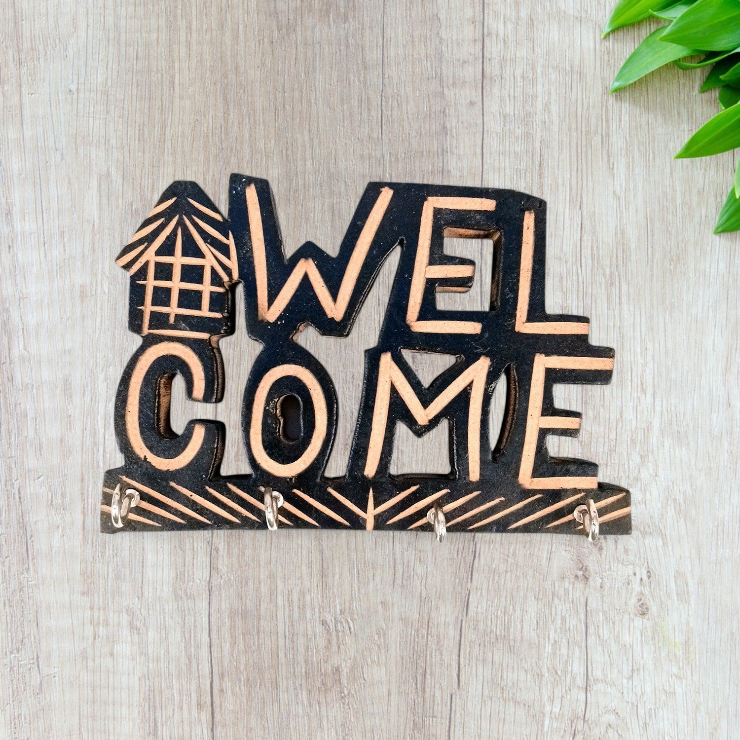 Key Holder Wall Hanging | Key Hook Stand Welcome Design| Keys Organizer - For Home, Entrance, Office Decor & Gifts - 7 Inch (4 Hooks) - Apkamart