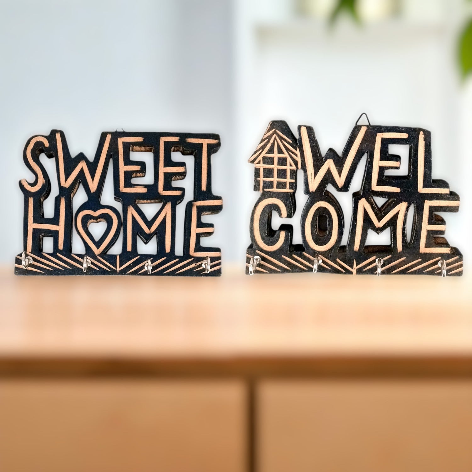 Key Holder Wall Hanging | Key Hook Stand Sweet Home & Welcome Design Combo| Keys Organizer - For Home, Entrance, Office Decor & Gifts - 7 Inch (8 Hooks) (Pack Of 2) - Apkamart
