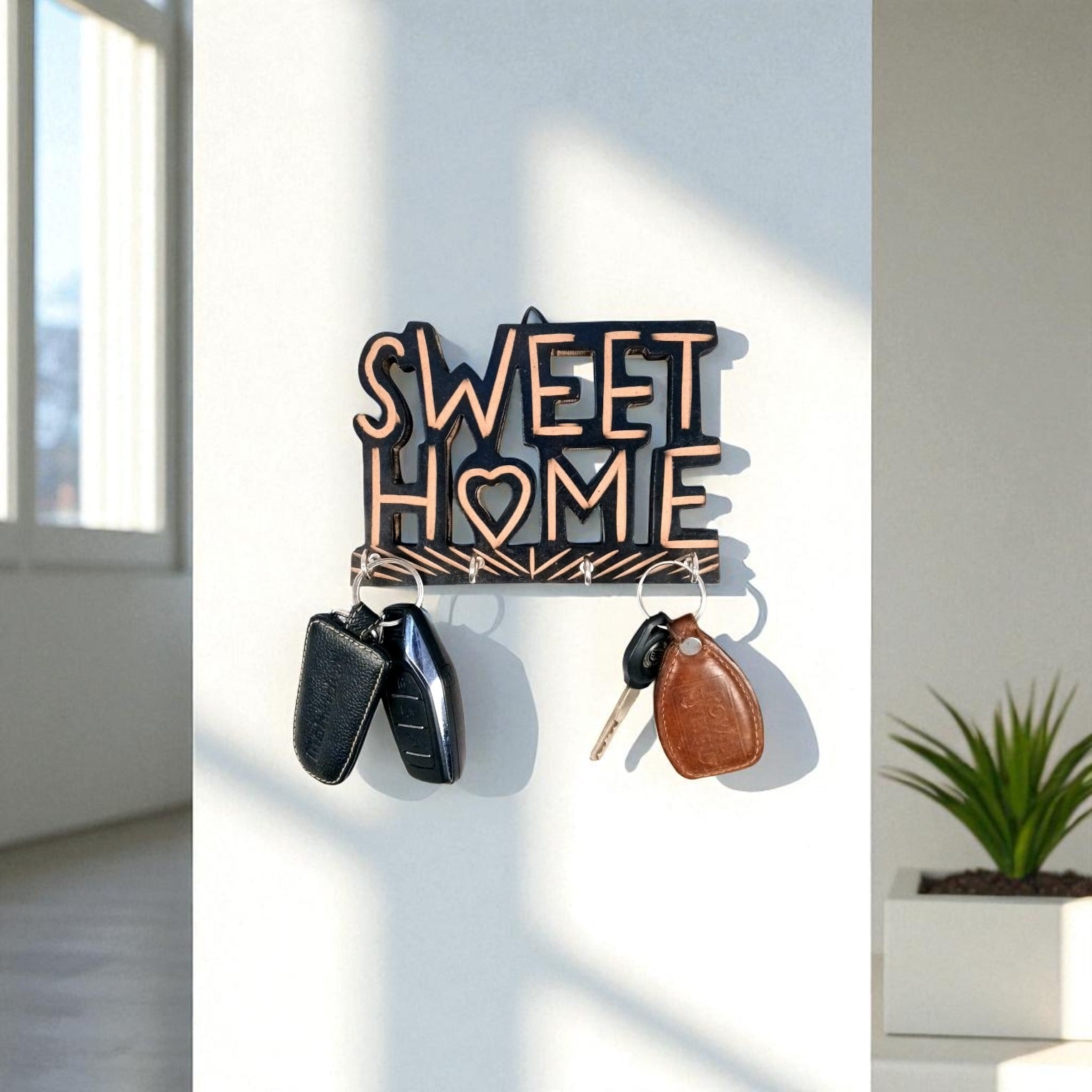 Key Holder Wall Hanging | Key Hook Stand Sweet Home Design | Keys Organizer - For Home, Entrance, Office Decor & Gifts - 7 Inch (4 Hooks) - Apkamart