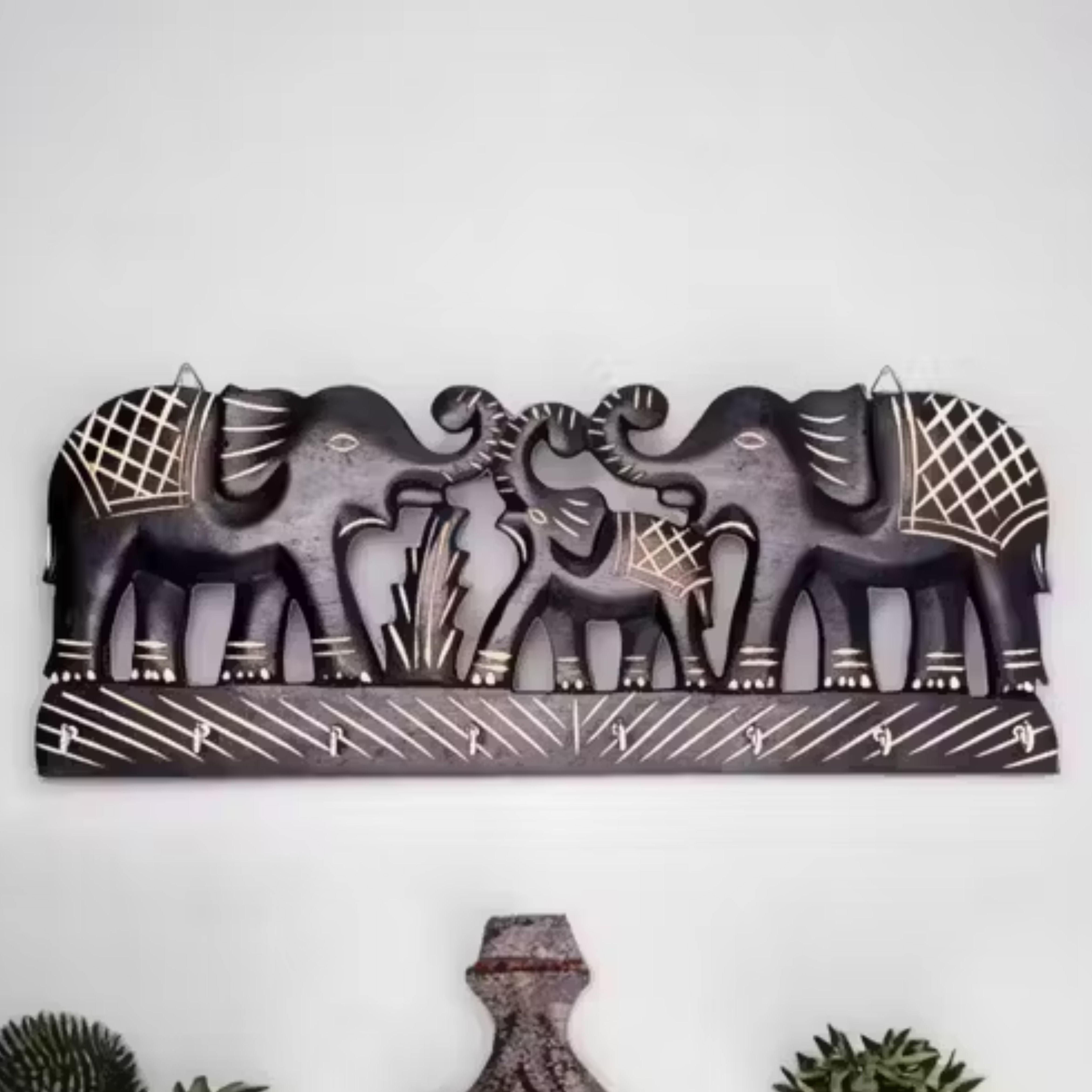 Elephant Key Holder for Wall | Wooden Key Stand with Hooks | Decorative Elephant Design Key Organizer for Home & Office - 12 Inch (6 Hooks) - Apkamart #Style_Design 1
