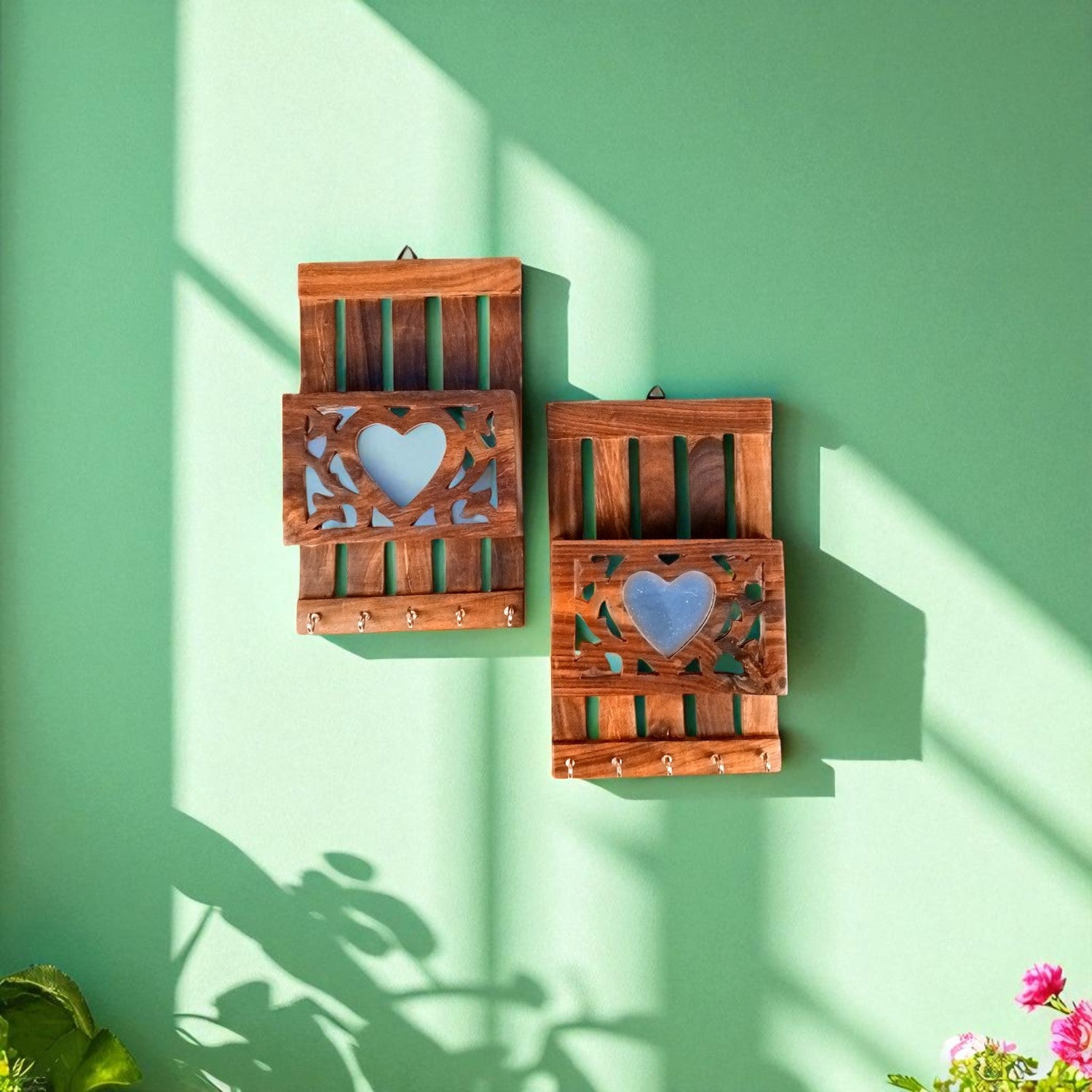 Key Holder with Letter Box | Key Hook Stand | Wooden Keys & Paper Organizer - For Home, Entrance, Office Decor & Gifts - 10 Inch (10 Hooks) (pack of 2) - Apkamart