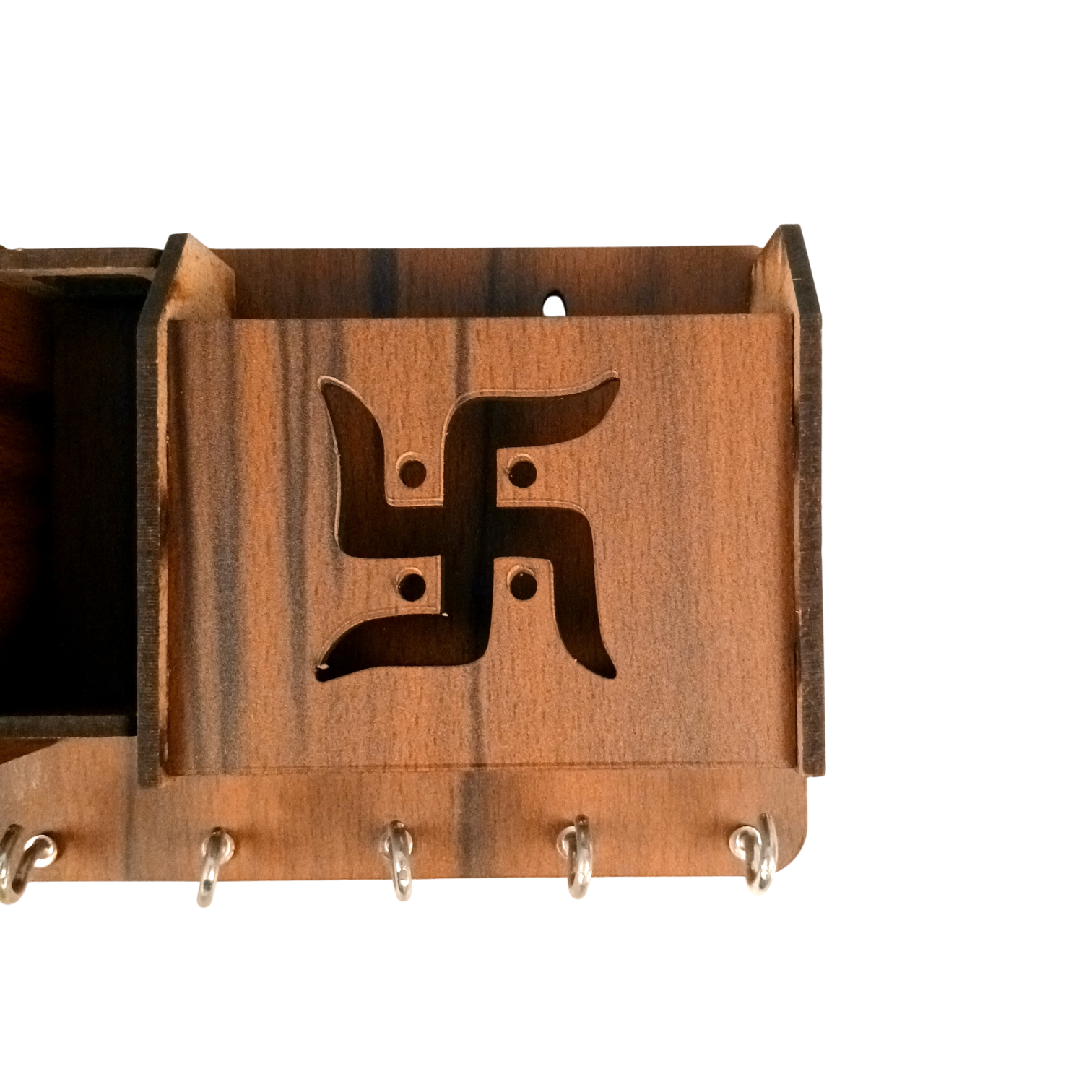 Wooden Key Holder with Om & Swastik Design | Wall Mounted Key Stand for Home & Office | Religious Wooden Key Hanger for Wall Decor & Gifts - 9 Inch ( 8 Hooks) - Apkamart