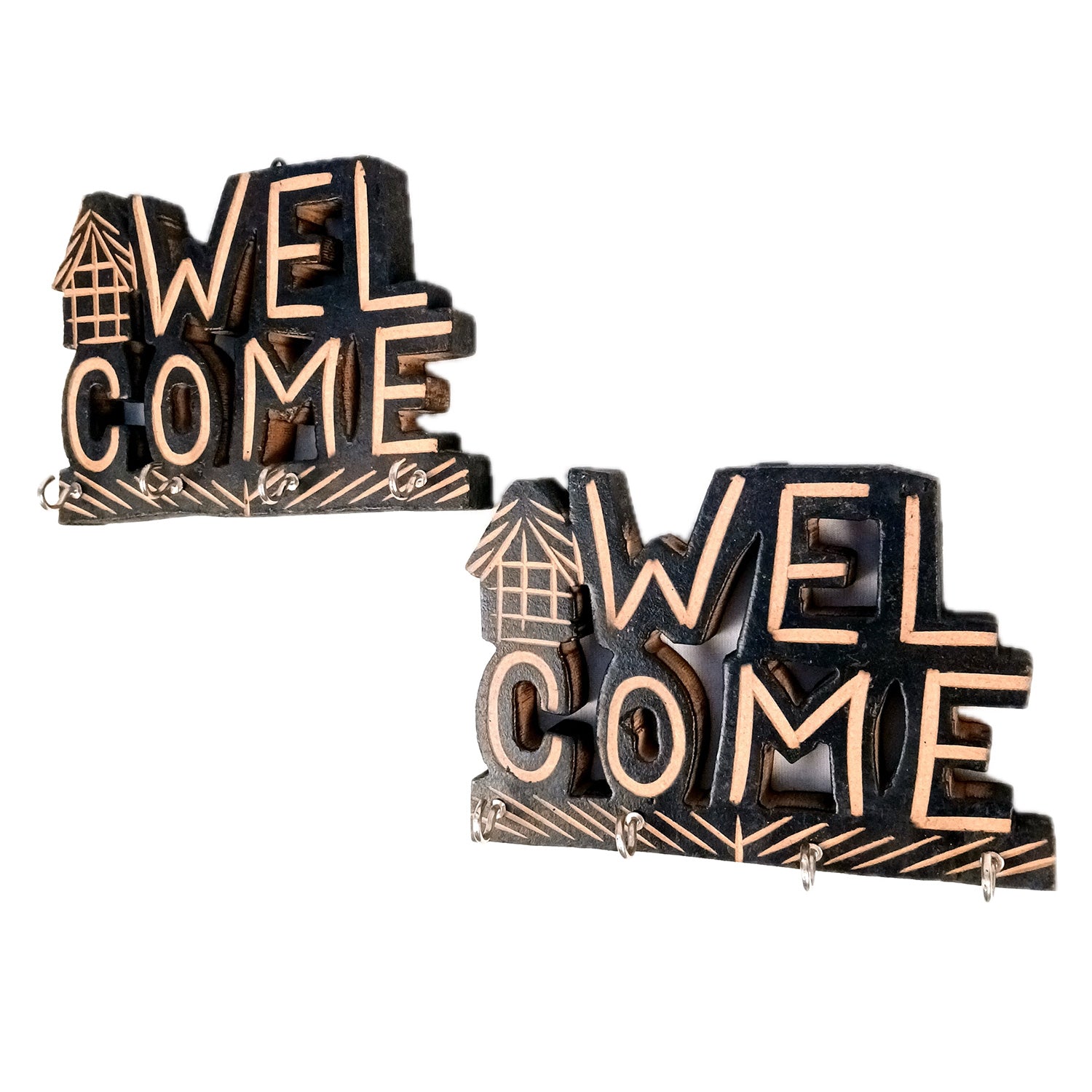 Key Holder Wall Hanging | Key Hook Stand Welcome Design| Keys Organizer - For Home, Entrance, Office Decor & Gifts - 7 Inch (8 Hooks) (Pack Of 2) - Apkamart