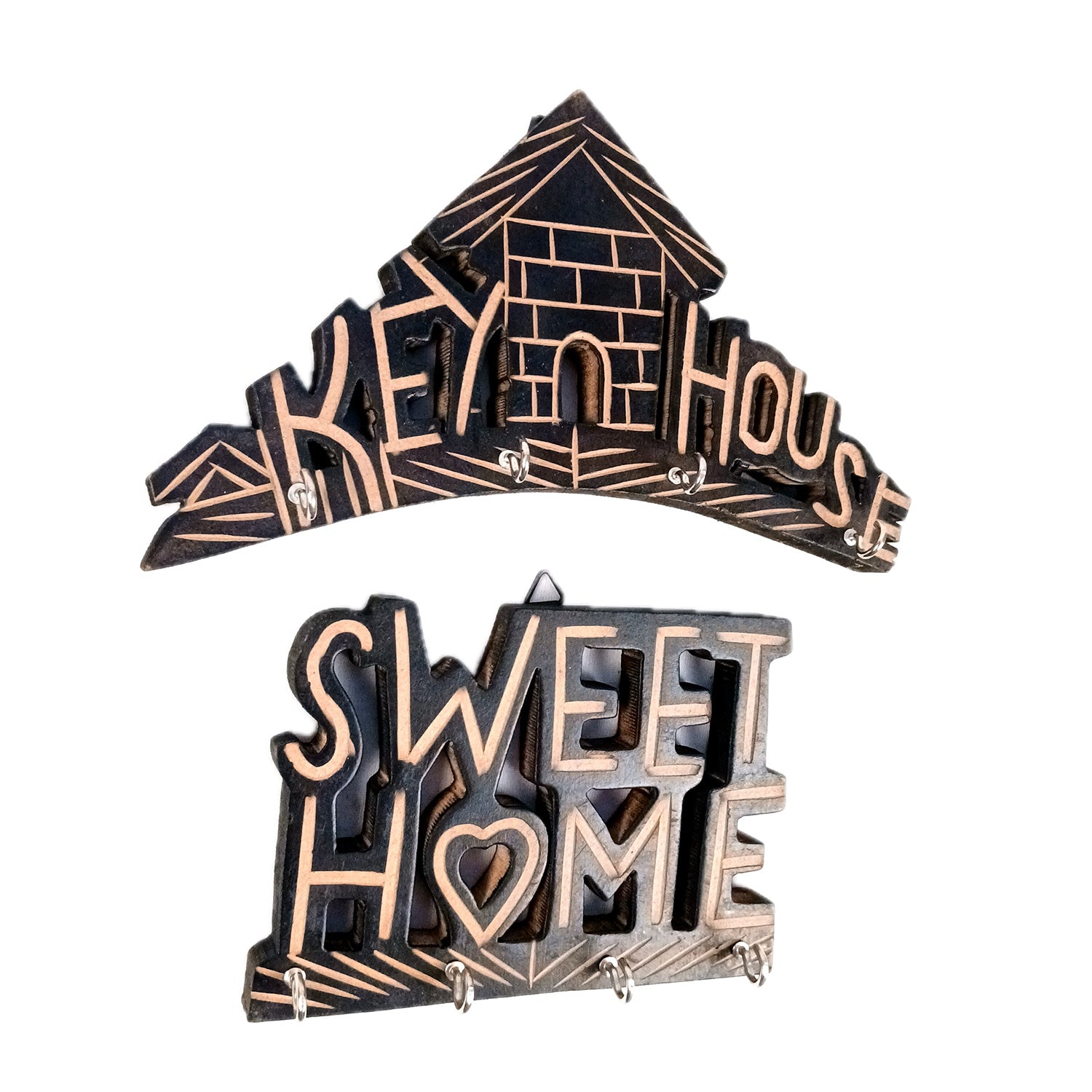 Key Holder Wall Hanging | Key Hook Stand Sweet Home & Key House Design Combo| Keys Organizer - For Home, Entrance, Office Decor - 10 Inch (8 Hooks) (Pack Of 2) - Apkamart