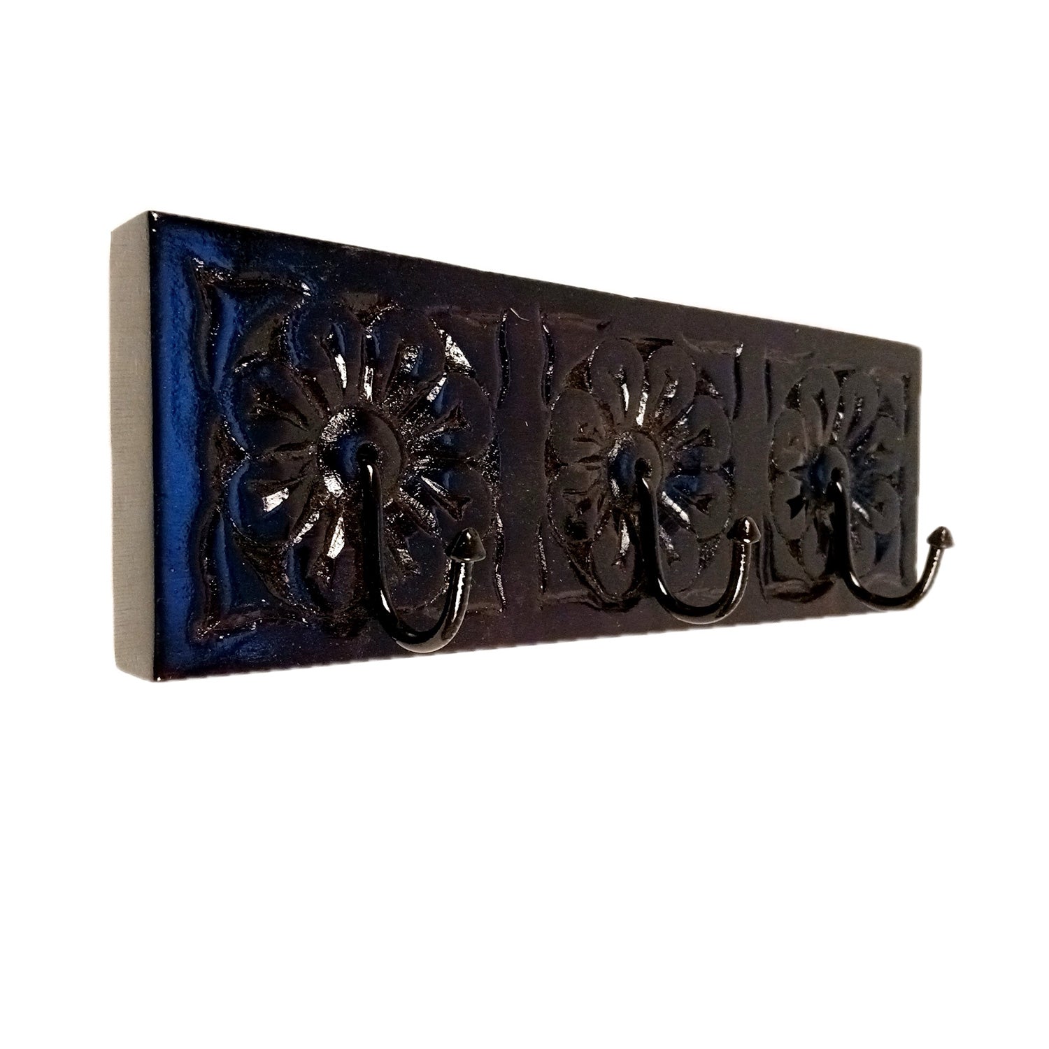 Wall Hook Hanging | Wooden Key Holder With Ethnic Carving | Multipurpose Organizer For Hanging Bags, Scarf, Clothes | For Home, Entrance, Decor - 12 Inch (3 Hooks) - Apkamart