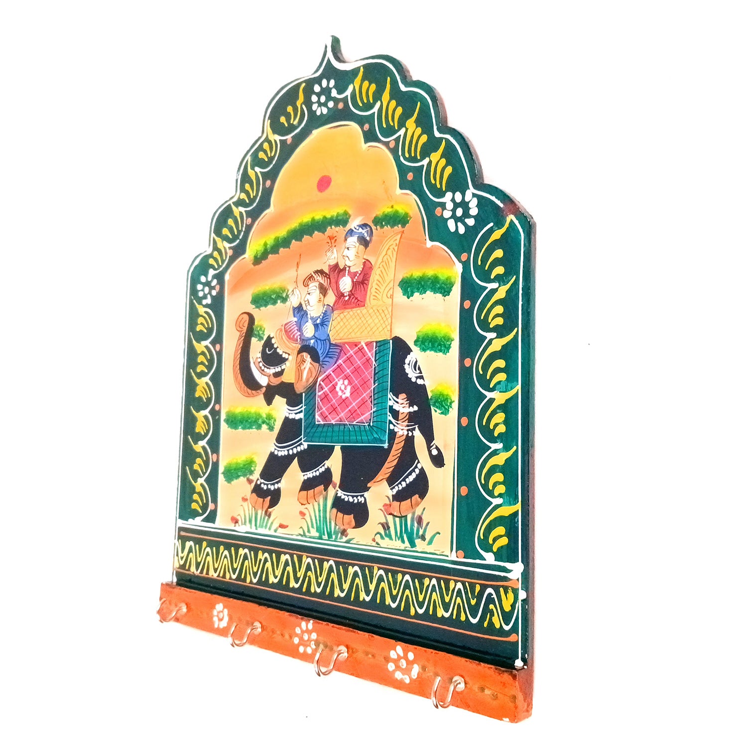 Key Hook Wall Decor | Handpainted Key Holder Stand With 4 Hooks | Key Organiser - For Home, Entrance, Office Decor & Gifts - 12 Inch (Wood, Green) - Apkamart