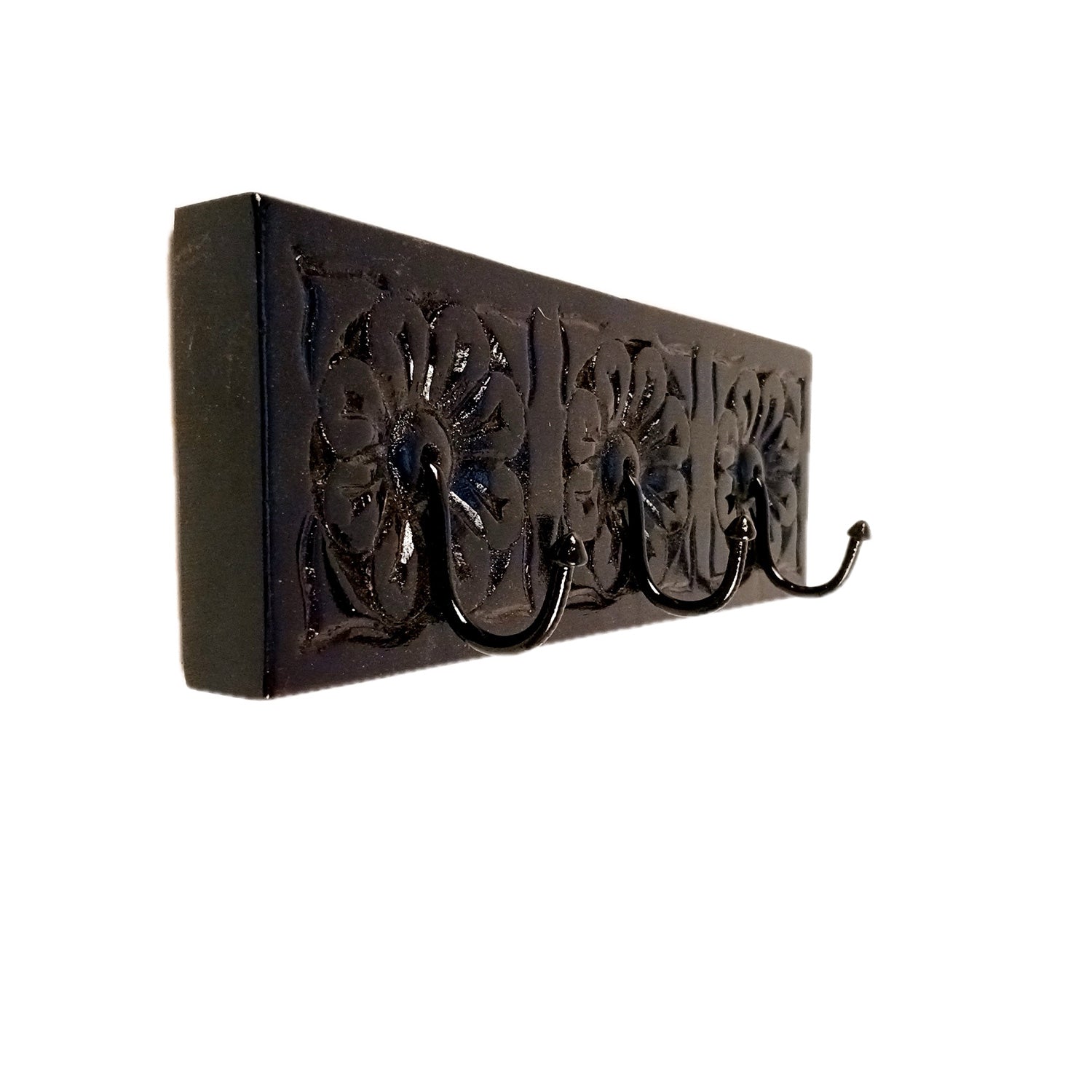 Wall Hook Hanging | Wooden Key Holder With Ethnic Carving | Multipurpose Organizer For Hanging Bags, Scarf, Clothes | For Home, Entrance, Decor - 12 Inch (3 Hooks) - Apkamart