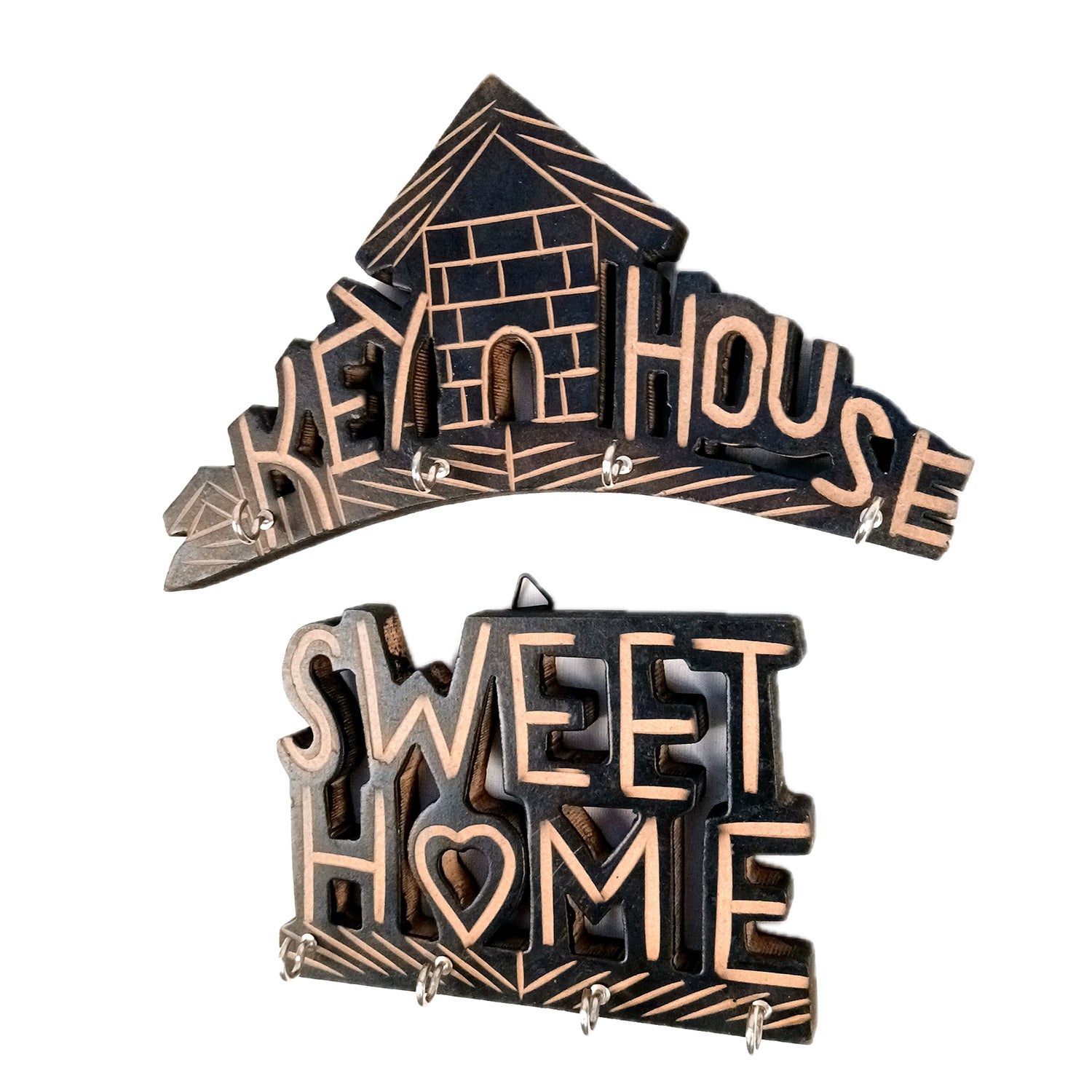 Key Holder Wall Hanging | Key Hook Stand Sweet Home & Key House Design Combo| Keys Organizer - For Home, Entrance, Office Decor - 10 Inch (8 Hooks) (Pack Of 2) - Apkamart
