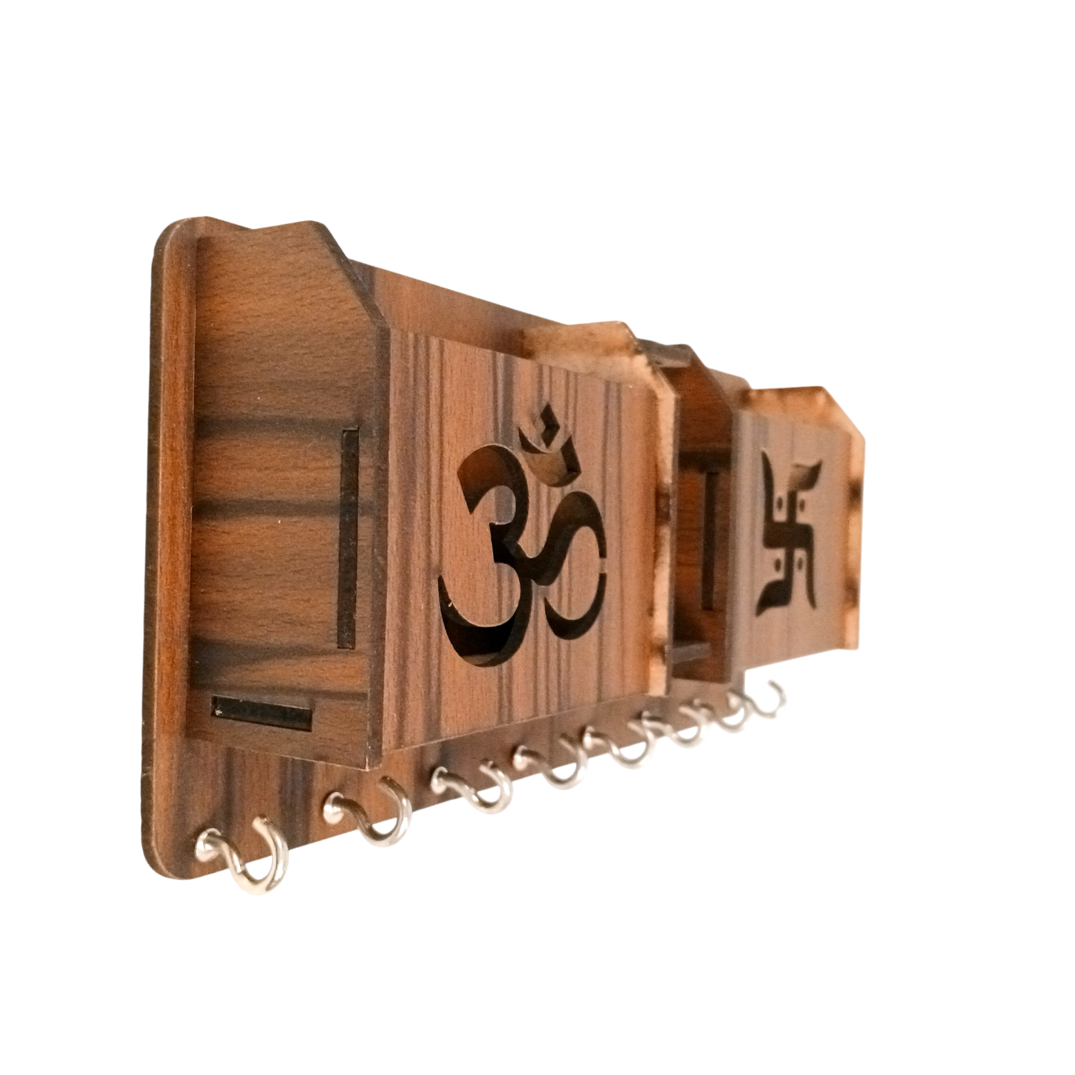 Wooden Key Holder with Om & Swastik Design | Wall Mounted Key Stand for Home & Office | Religious Wooden Key Hanger for Wall Decor & Gifts - 9 Inch ( 8 Hooks) - Apkamart