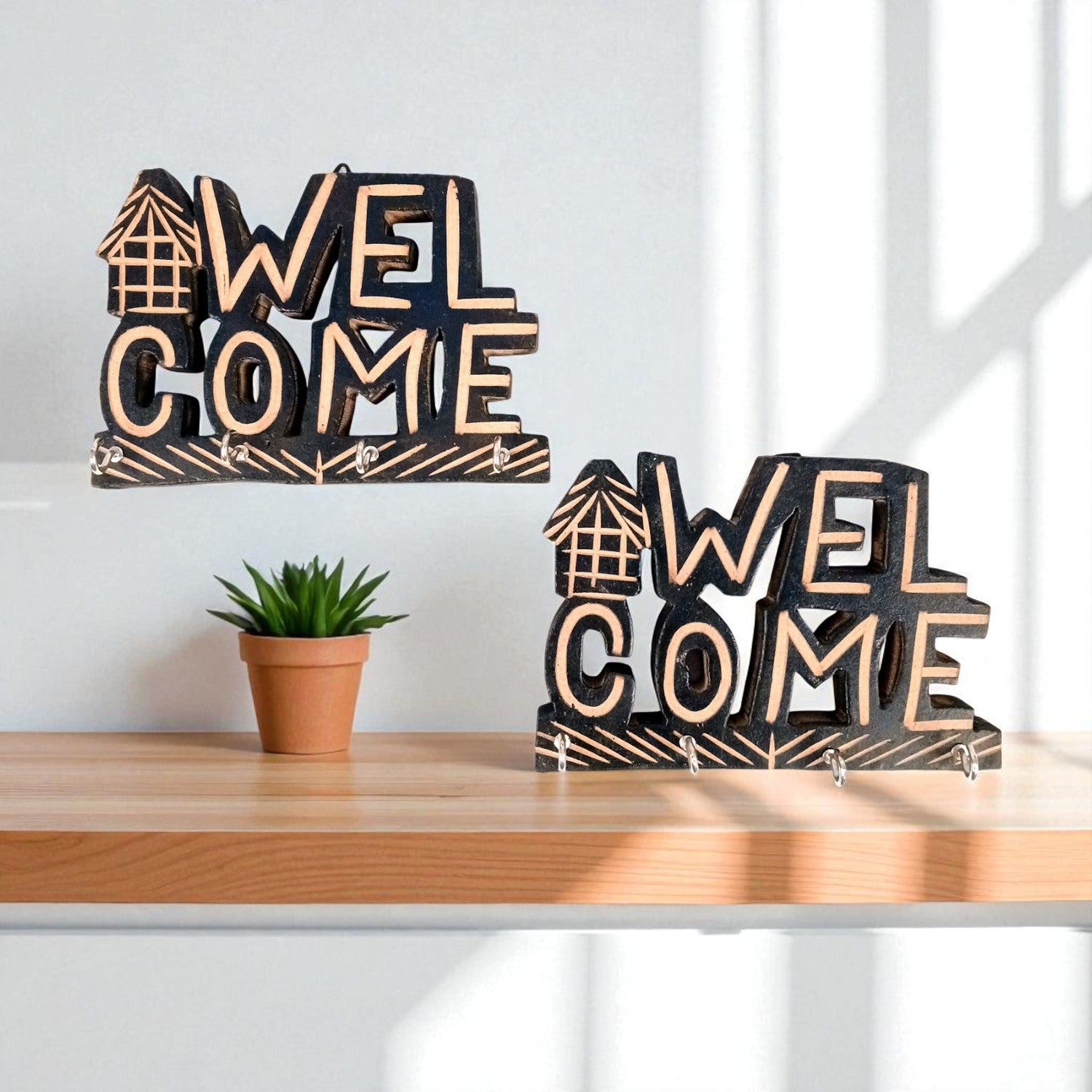 Key Holder Wall Hanging | Key Hook Stand Welcome Design| Keys Organizer - For Home, Entrance, Office Decor & Gifts - 7 Inch (8 Hooks) (Pack Of 2) - Apkamart